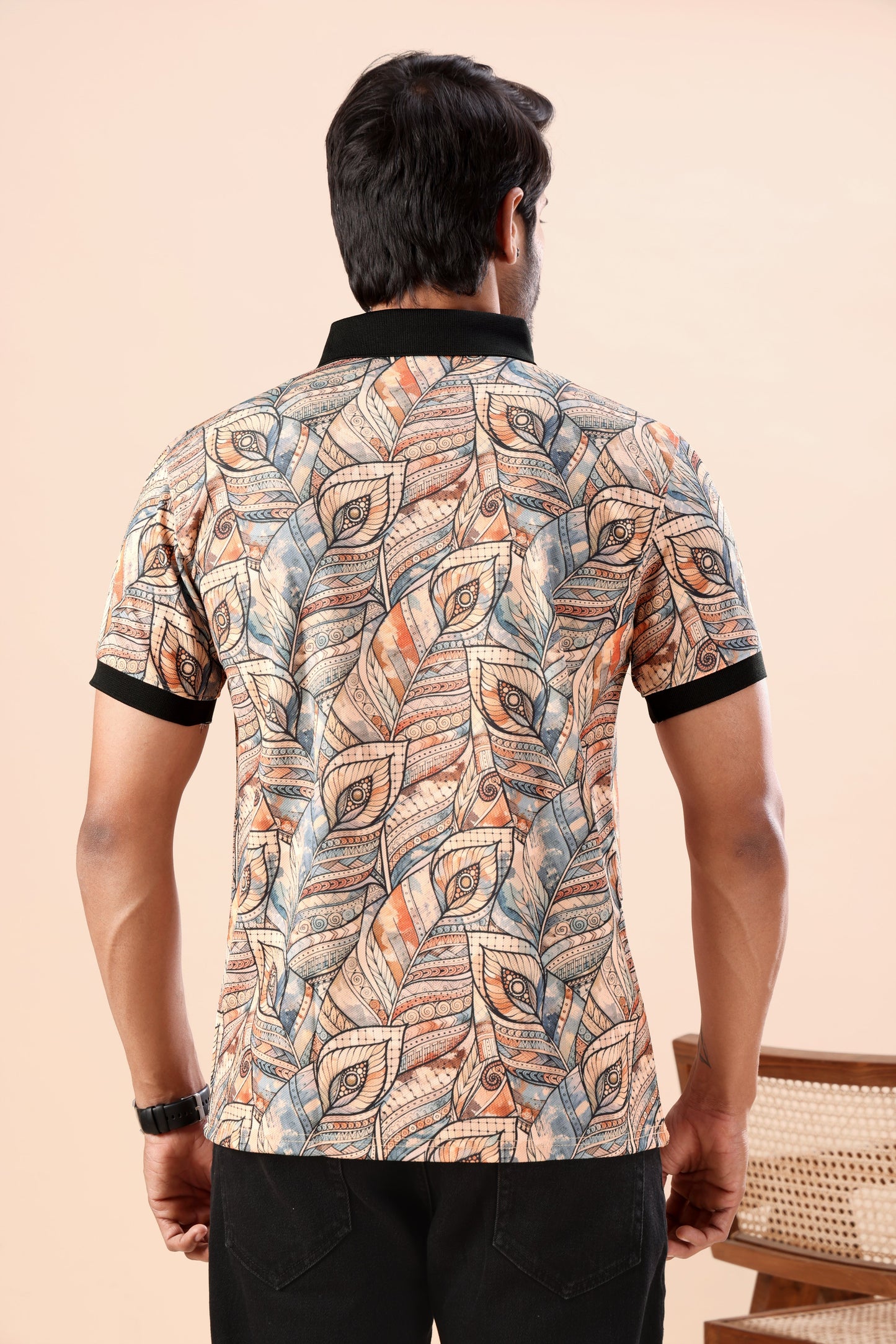 Evenway Men’s Premium Printed Polo T-Shirt with Abstract Leaf Pattern | Stylish Multicolor Casual Polo Tee