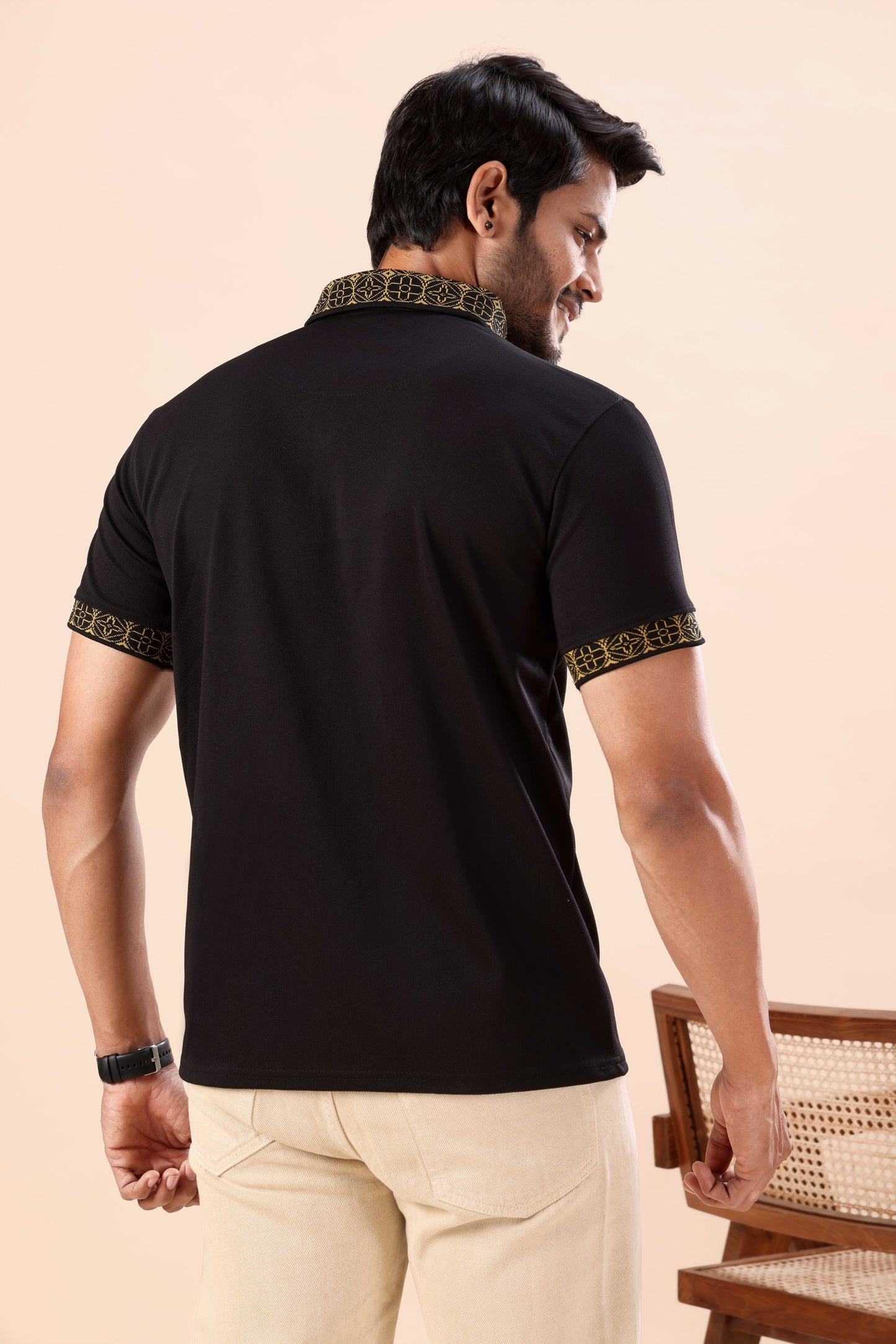 Evenway Men’s Premium Black Polo T-Shirt with Gold Printed Collar & Sleeve Design | Stylish Slim Fit Casual Polo Tee