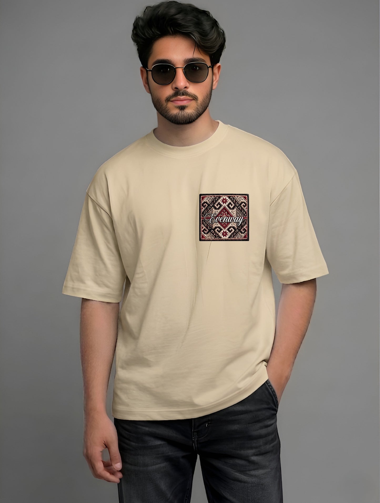 Evenway Anatolian Rug Beige Oversized Tee | Cultural Graphic Shirt