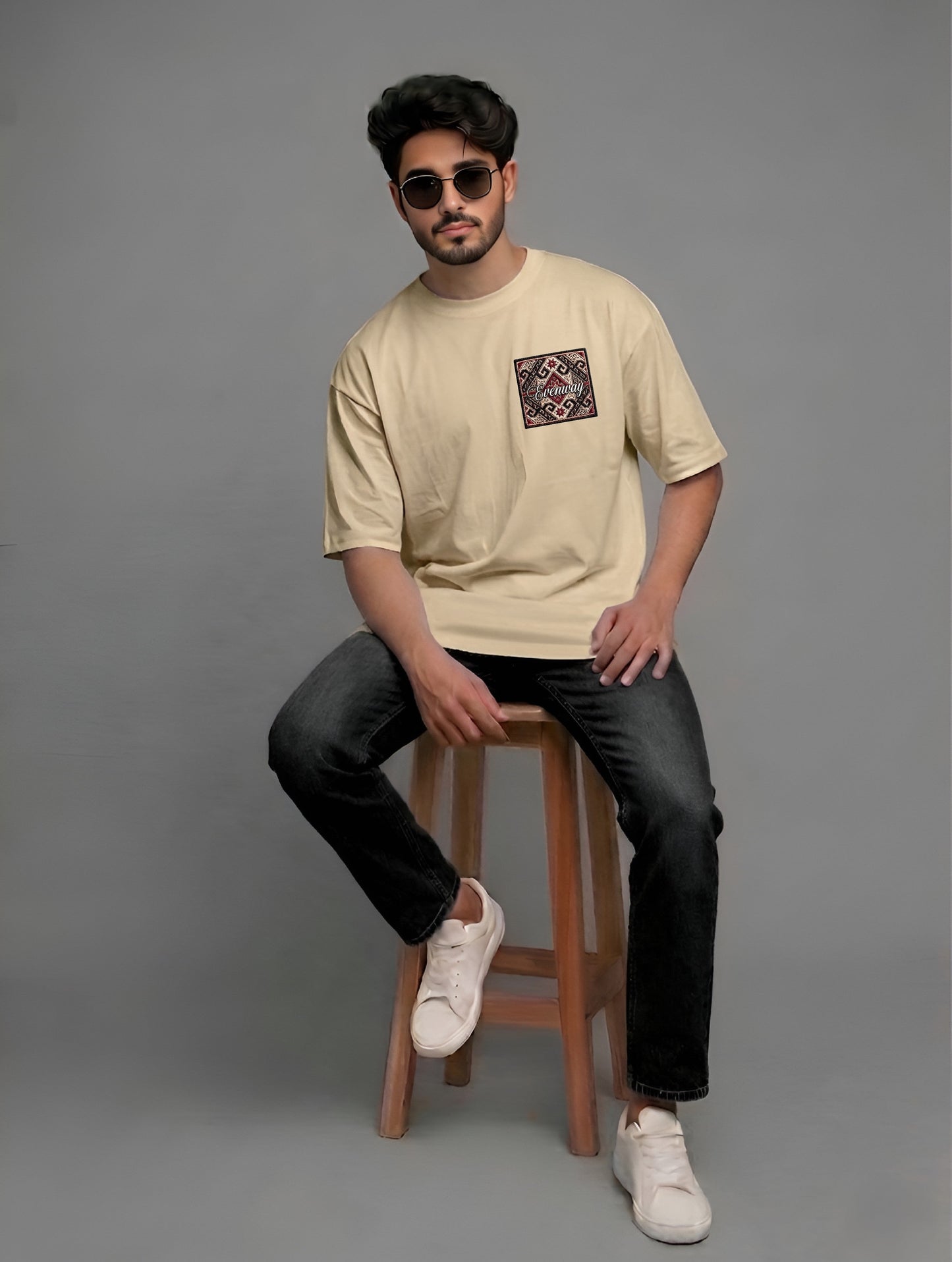 Evenway Anatolian Rug Beige Oversized Tee | Cultural Graphic Shirt