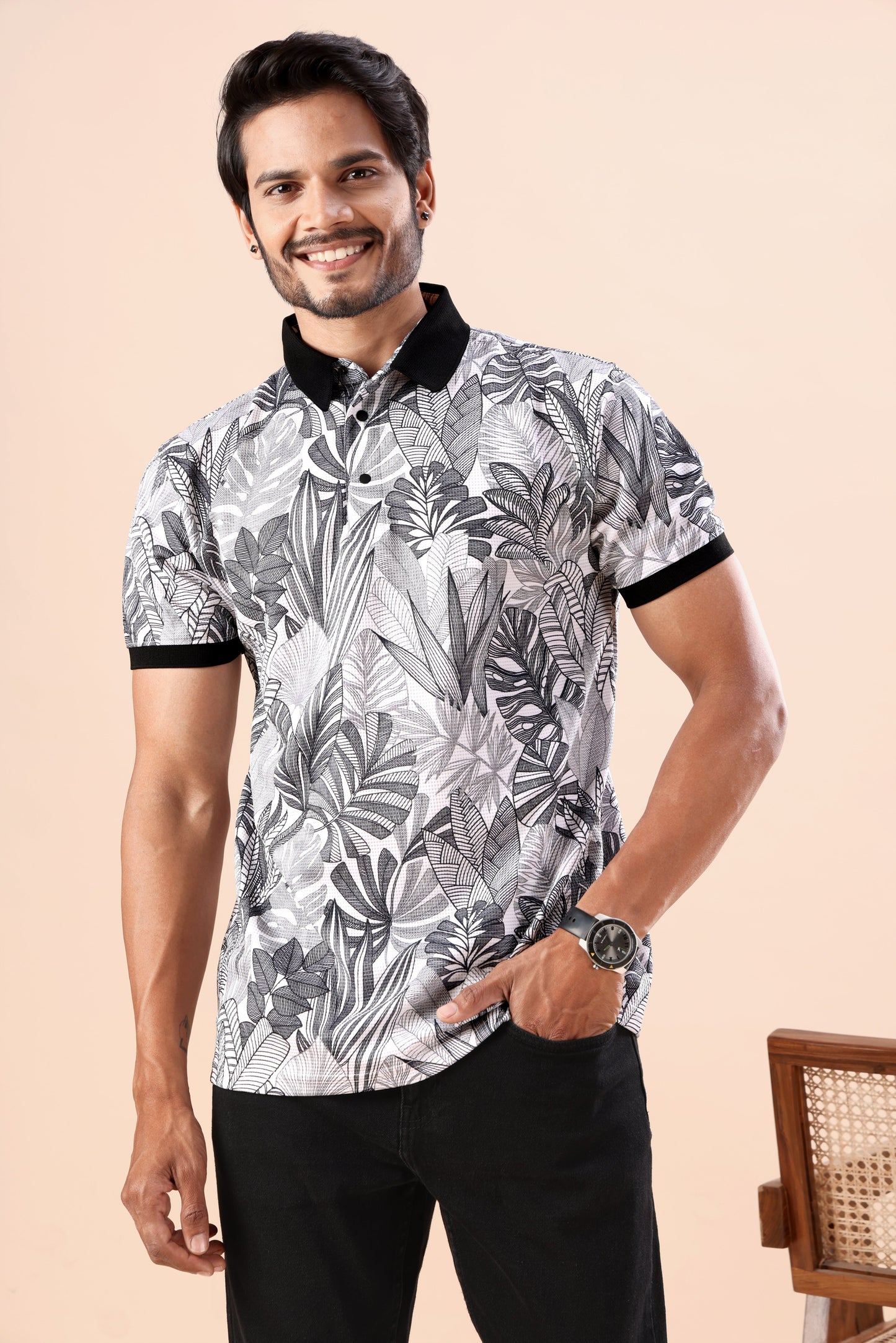 Evenway Men’s Premium Black & White Tropical Leaf Printed Polo T-Shirt with Contrast Collar | Stylish Slim Fit Casual Polo Tee