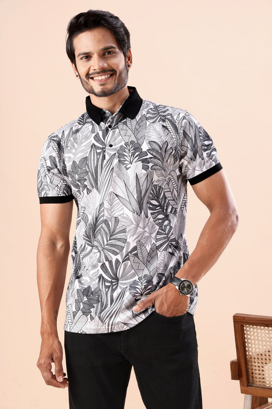 Evenway Men’s Premium Black & White Tropical Leaf Printed Polo T-Shirt with Contrast Collar | Stylish Slim Fit Casual Polo Tee