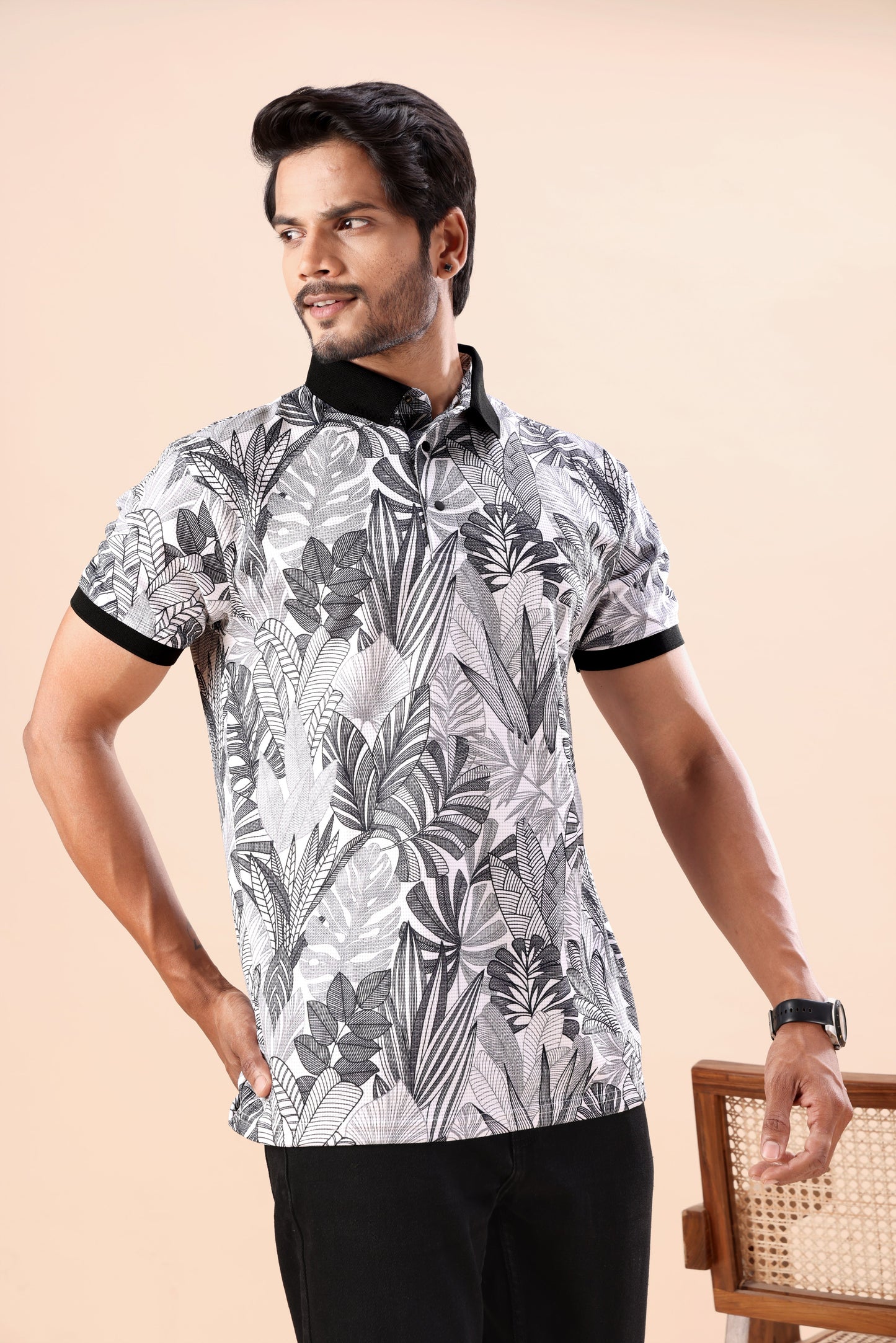 Evenway Men’s Premium Black & White Tropical Leaf Printed Polo T-Shirt with Contrast Collar | Stylish Slim Fit Casual Polo Tee