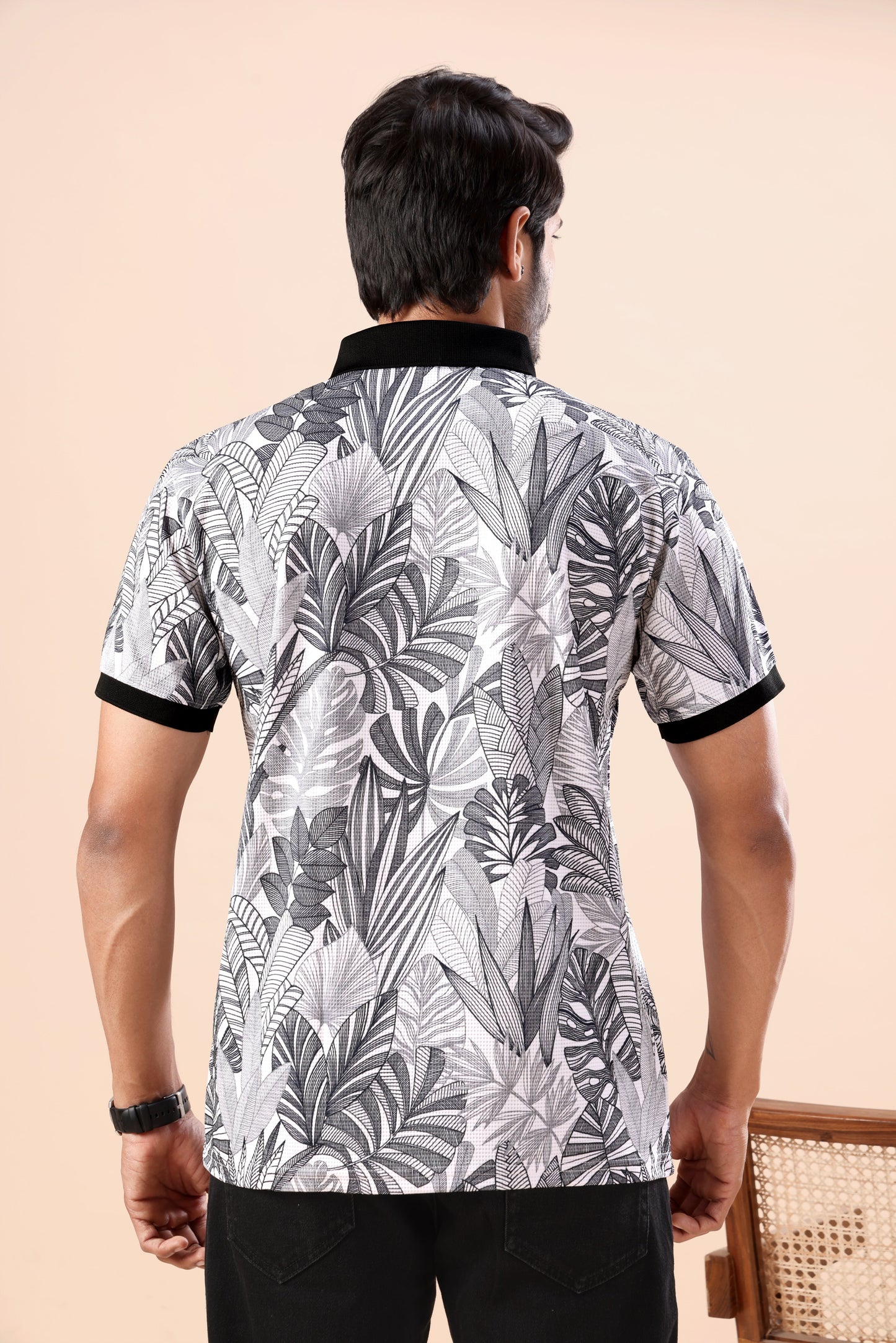 Evenway Men’s Premium Black & White Tropical Leaf Printed Polo T-Shirt with Contrast Collar | Stylish Slim Fit Casual Polo Tee