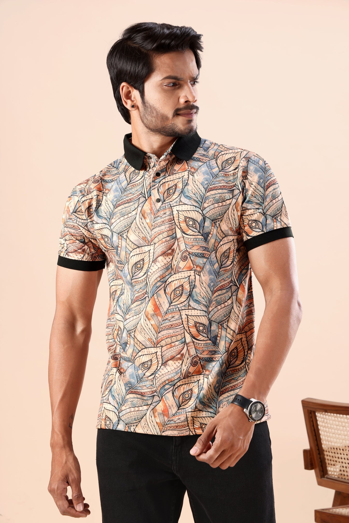Evenway Men’s Premium Printed Polo T-Shirt with Abstract Leaf Pattern | Stylish Multicolor Casual Polo Tee