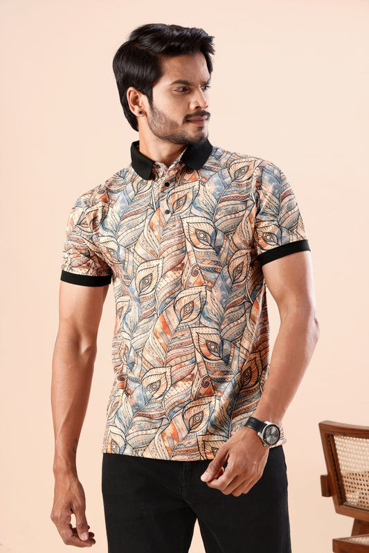Evenway Men’s Premium Printed Polo T-Shirt with Abstract Leaf Pattern | Stylish Multicolor Casual Polo Tee