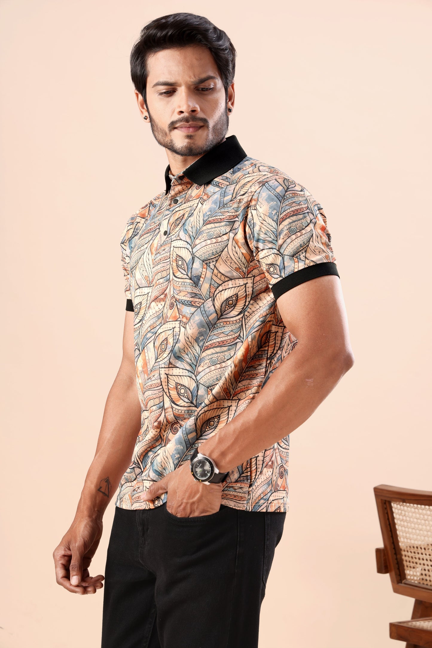 Evenway Men’s Premium Printed Polo T-Shirt with Abstract Leaf Pattern | Stylish Multicolor Casual Polo Tee