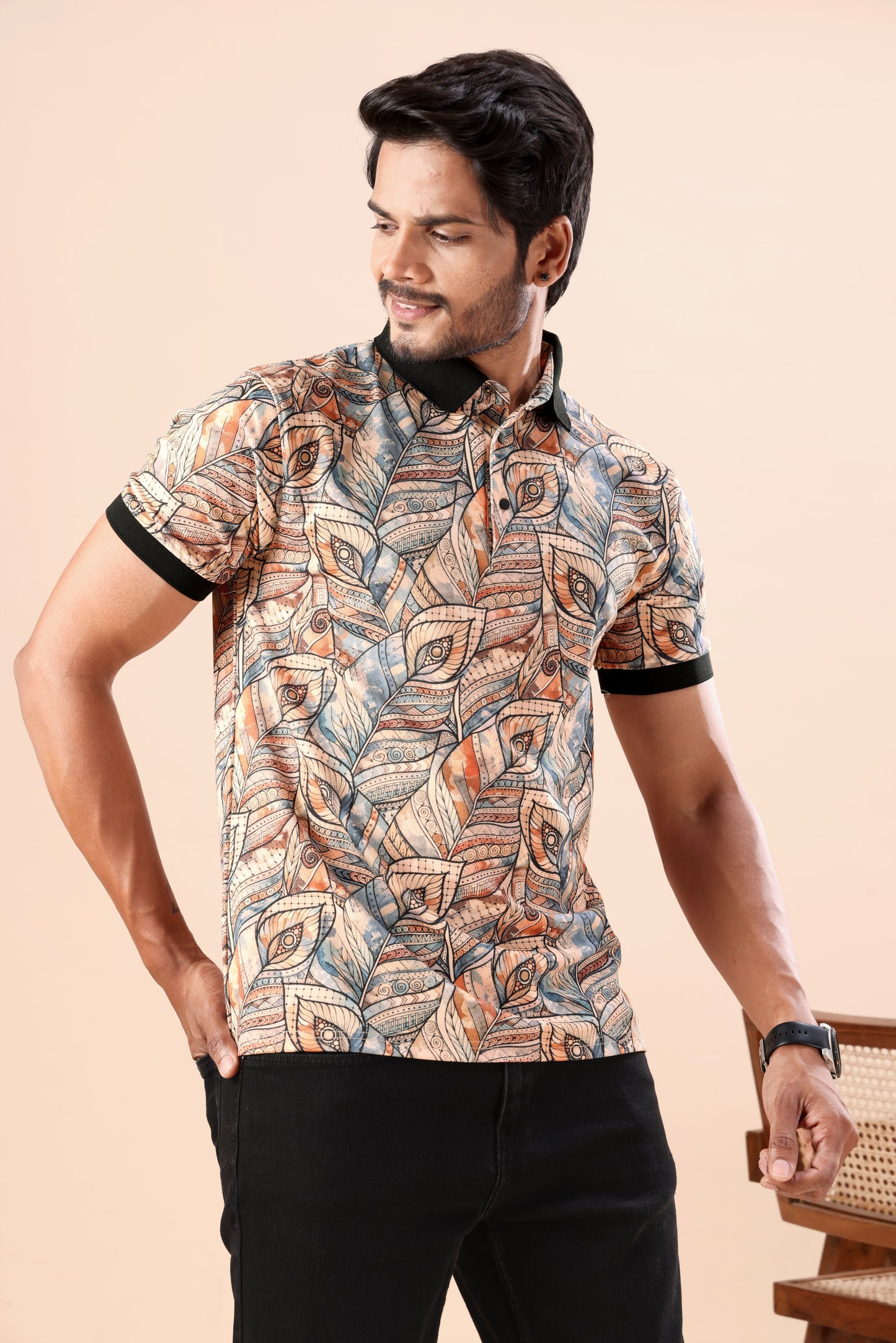 Evenway Men’s Premium Printed Polo T-Shirt with Abstract Leaf Pattern | Stylish Multicolor Casual Polo Tee