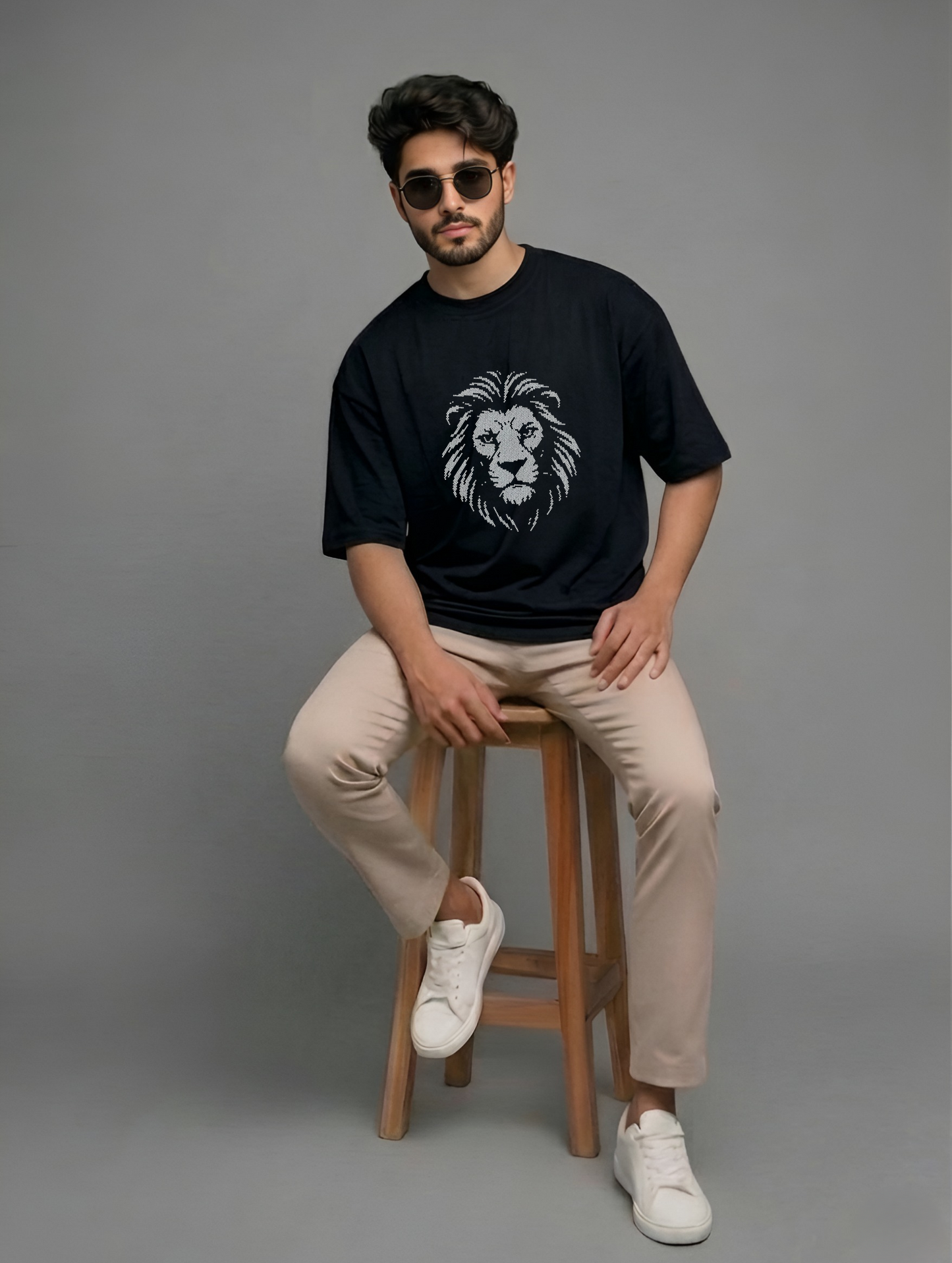 Evenway Crystal Lion Statement Black Oversized Tee | Luxury Embellished T-Shirt