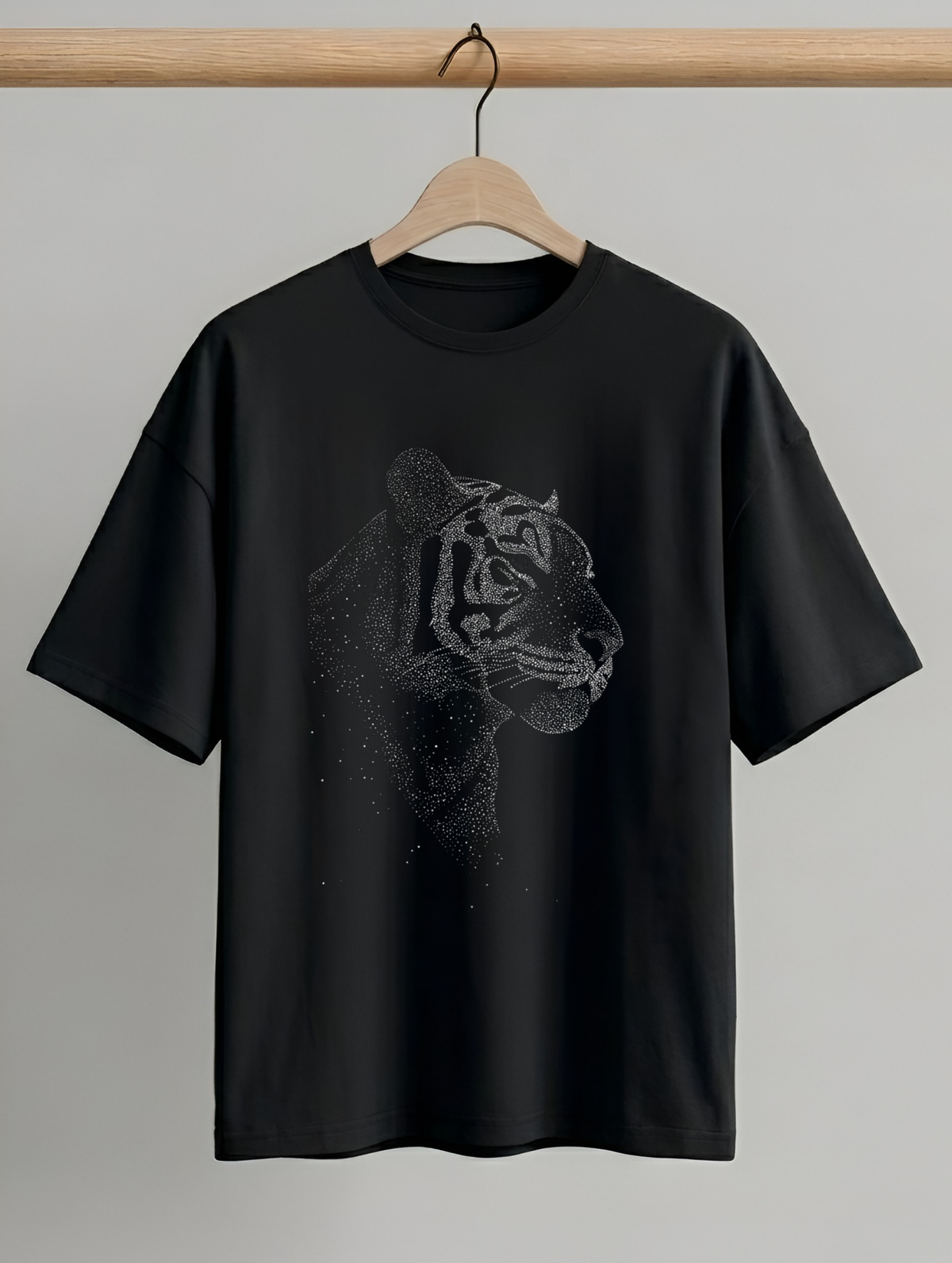 Evenway Shadow Tiger Graphic T-Shirt – Minimalist Dot Art Premium Black Cotton Tee