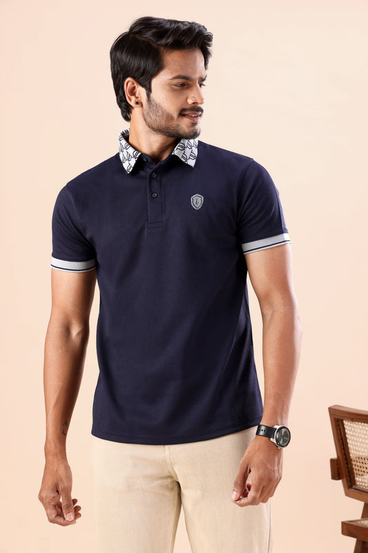Evenway Men’s Premium Navy Blue Polo T-Shirt – Slim Fit Textured Casual Half Sleeve Polo Tee with Printed Collar for Smart Casual Wear