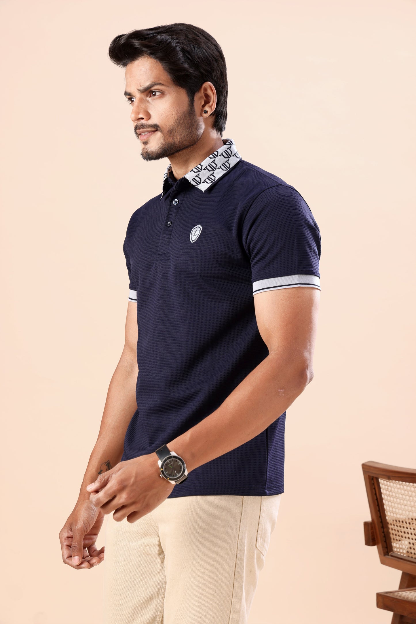 Evenway Men’s Premium Navy Blue Polo T-Shirt – Slim Fit Textured Casual Half Sleeve Polo Tee with Printed Collar for Smart Casual Wear