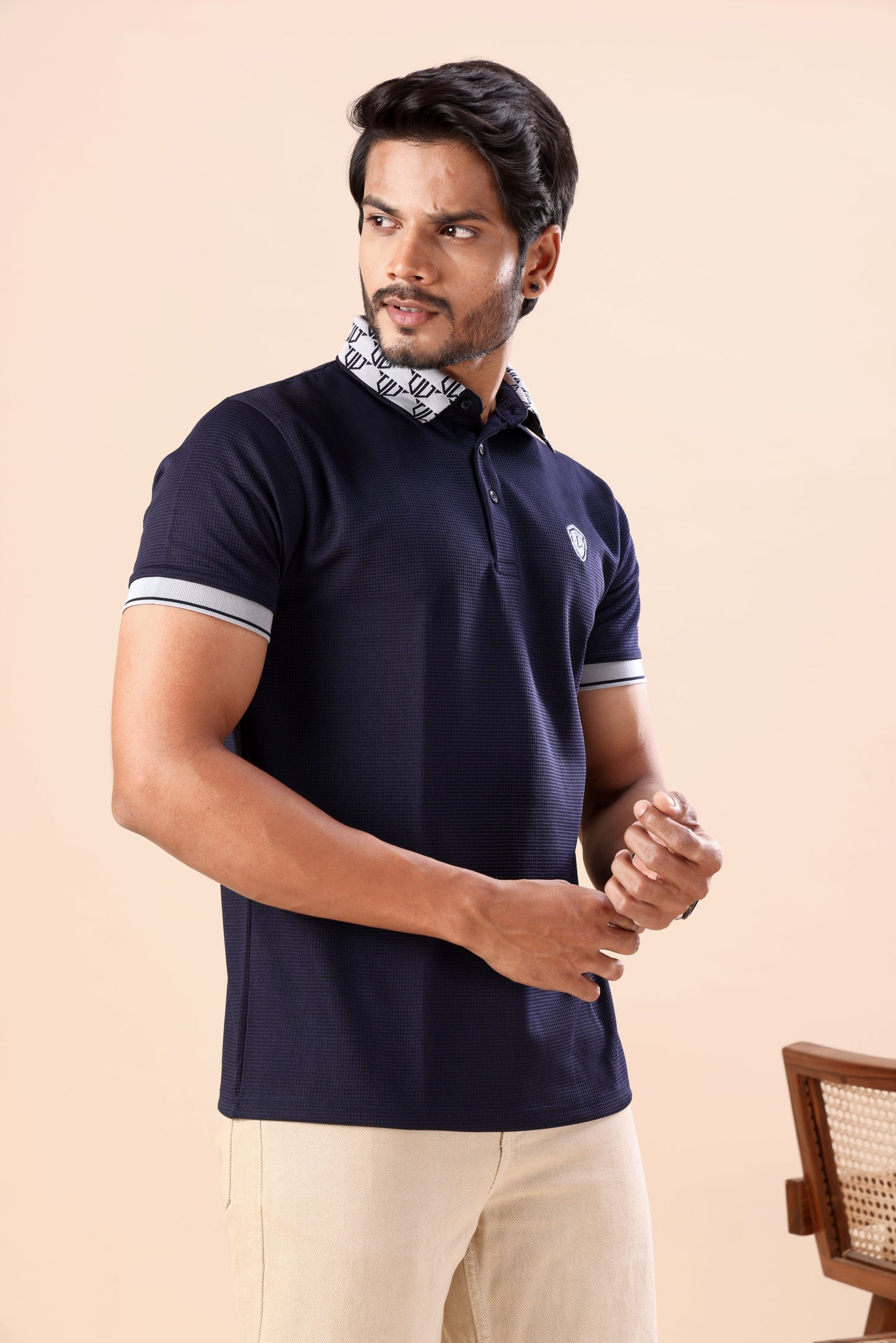 Evenway Men’s Premium Navy Blue Polo T-Shirt – Slim Fit Textured Casual Half Sleeve Polo Tee with Printed Collar for Smart Casual Wear