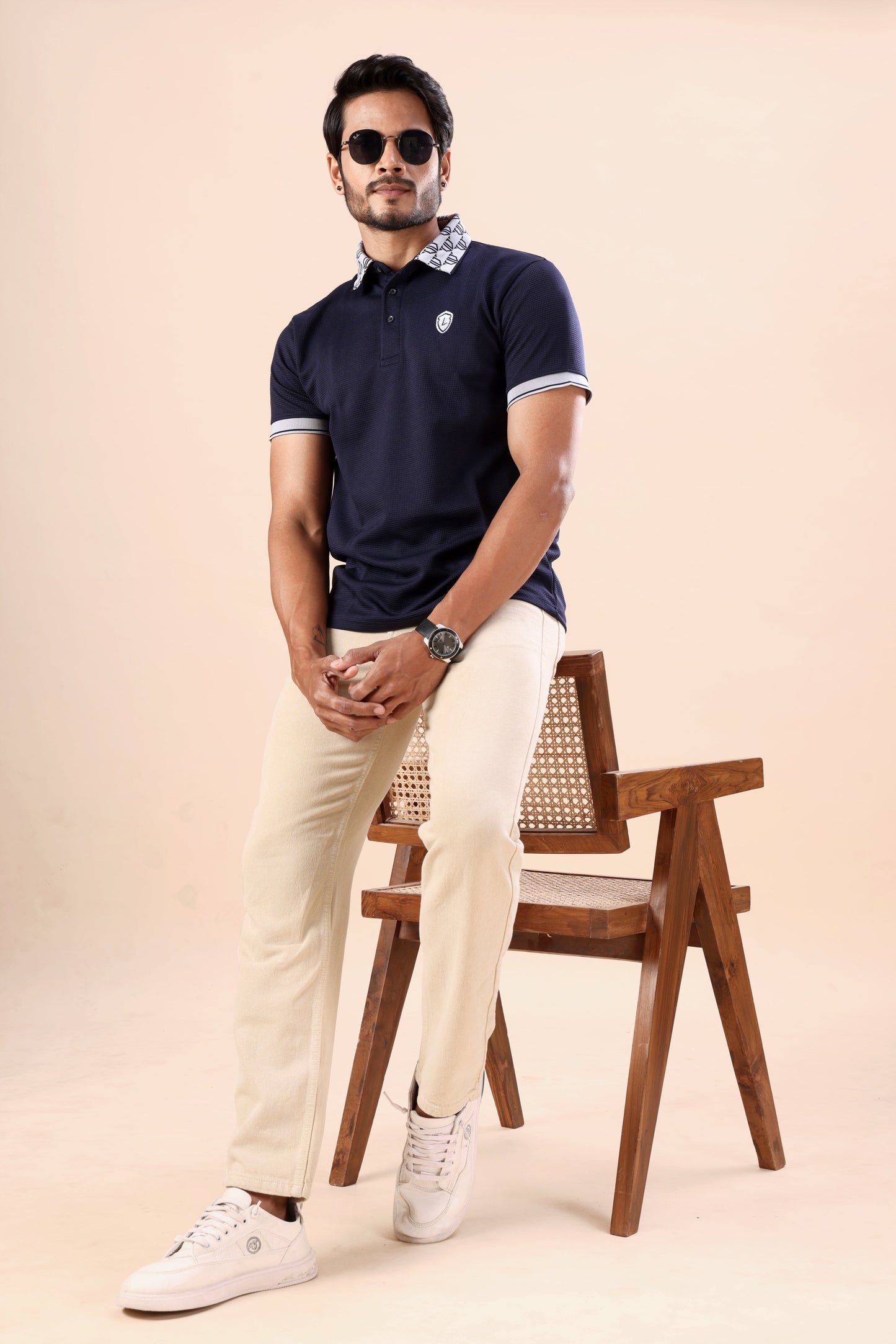 Evenway Men’s Premium Navy Blue Polo T-Shirt – Slim Fit Textured Casual Half Sleeve Polo Tee with Printed Collar for Smart Casual Wear
