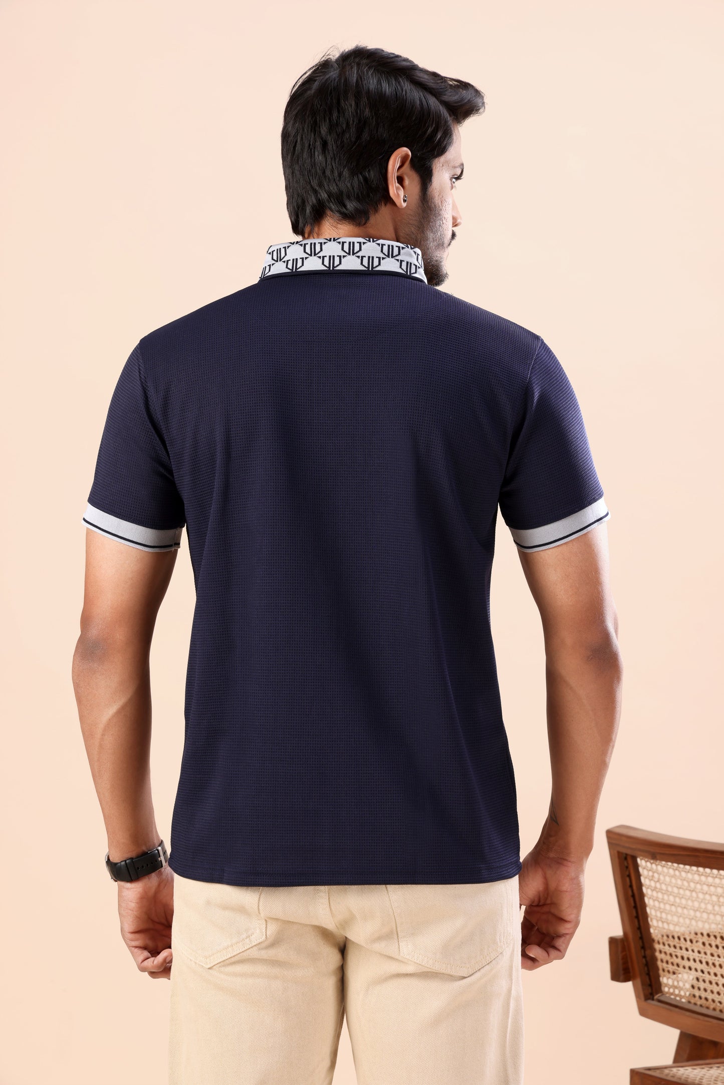 Evenway Men’s Premium Navy Blue Polo T-Shirt – Slim Fit Textured Casual Half Sleeve Polo Tee with Printed Collar for Smart Casual Wear
