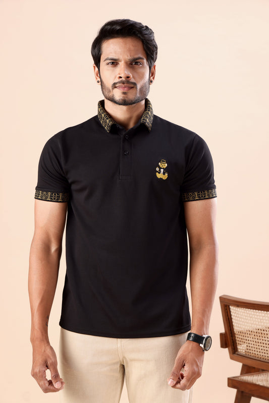 Evenway Men’s Premium Black Polo T-Shirt with Gold Printed Collar & Sleeve Design | Stylish Slim Fit Casual Polo Tee