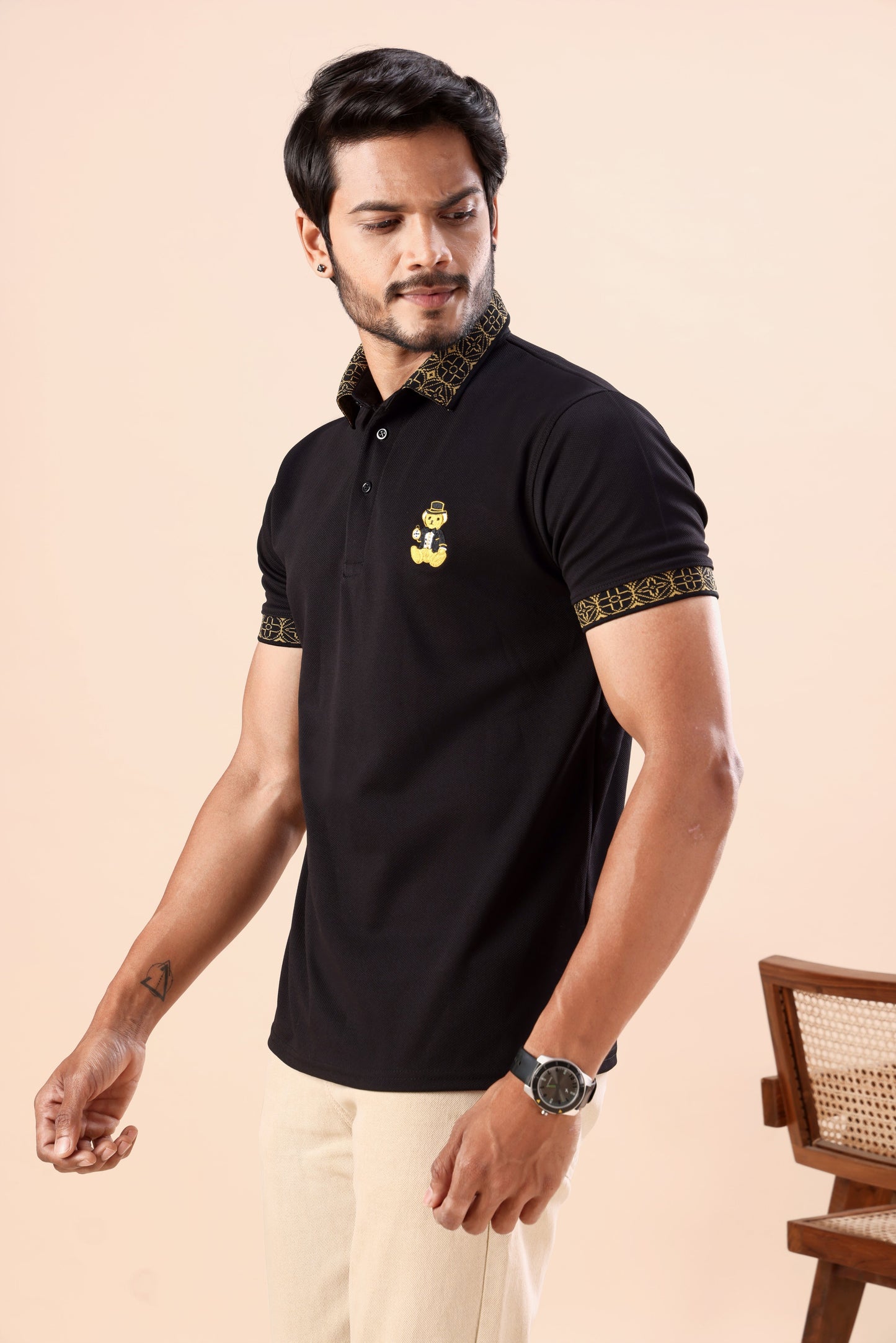 Evenway Men’s Premium Black Polo T-Shirt with Gold Printed Collar & Sleeve Design | Stylish Slim Fit Casual Polo Tee
