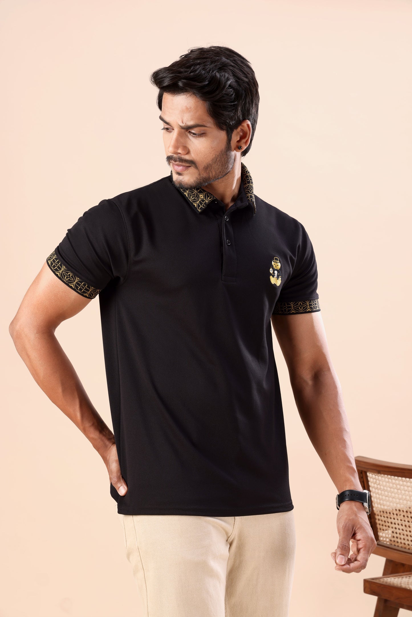 Evenway Men’s Premium Black Polo T-Shirt with Gold Printed Collar & Sleeve Design | Stylish Slim Fit Casual Polo Tee
