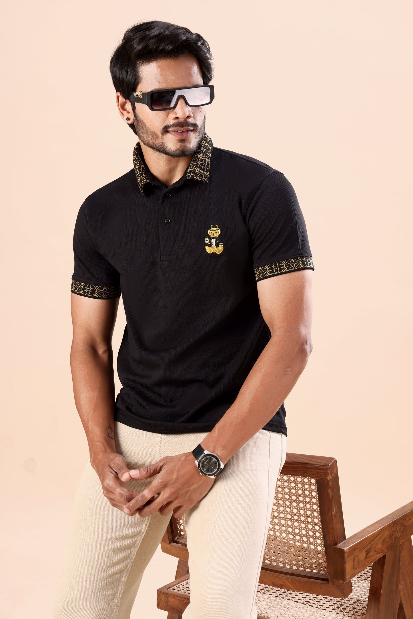 Evenway Men’s Premium Black Polo T-Shirt with Gold Printed Collar & Sleeve Design | Stylish Slim Fit Casual Polo Tee