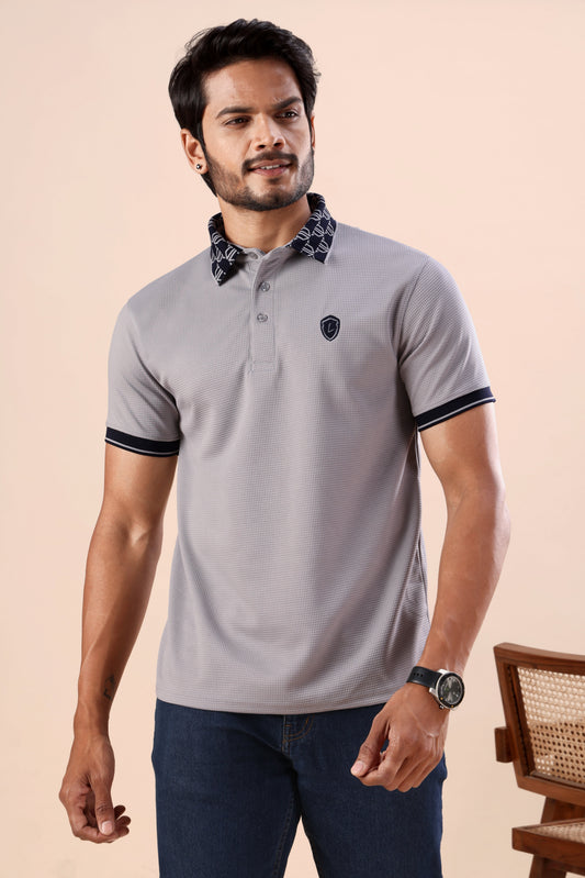 Evenway Light Grey Polo T-Shirt – Slim Fit Textured Casual Half Sleeve Polo Tee with Printed Collar for Smart Everyday Wear