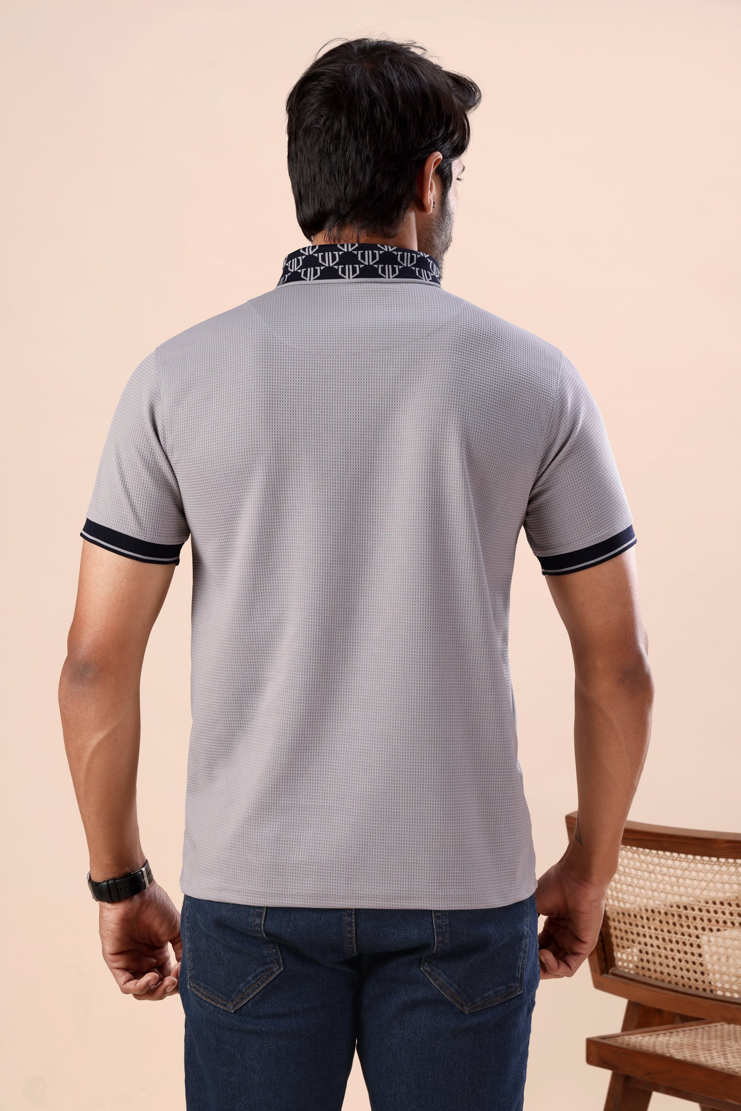 Evenway Light Grey Polo T-Shirt – Slim Fit Textured Casual Half Sleeve Polo Tee with Printed Collar for Smart Everyday Wear