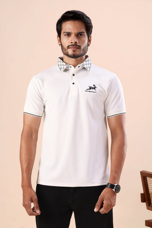 Evenway Men’s Premium White Polo T-Shirt with Printed Collar & Contrast Sleeve Design | Soft Breathable Summer Cotton Blend Fashion Polo Shirt