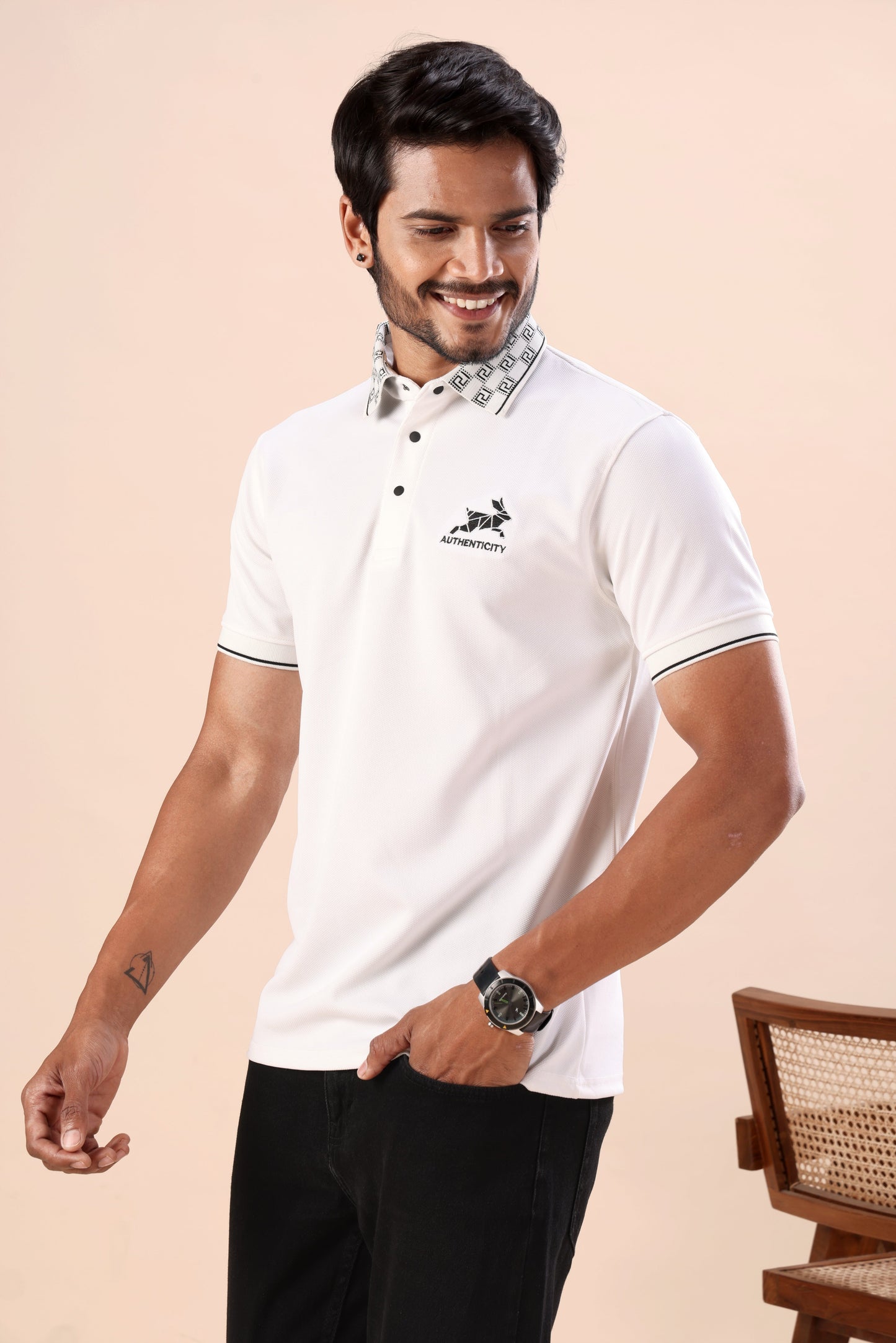 Evenway Men’s Premium White Polo T-Shirt with Printed Collar & Contrast Sleeve Design | Soft Breathable Summer Cotton Blend Fashion Polo Shirt