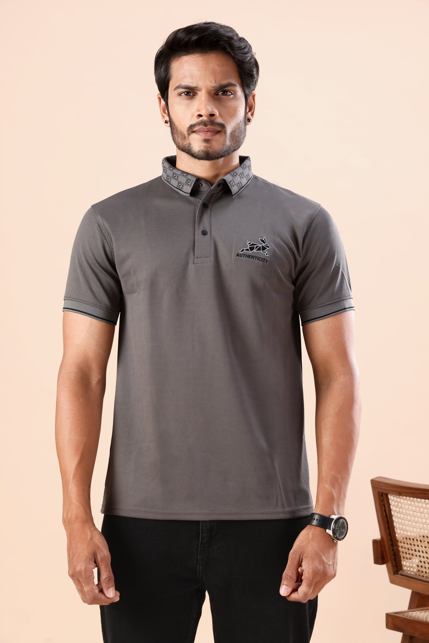 Evenway Men’s Premium Charcoal Grey Polo T-Shirt with Printed Collar & Regular Fit Design | Casual Half Sleeve Polo Tee for Men
