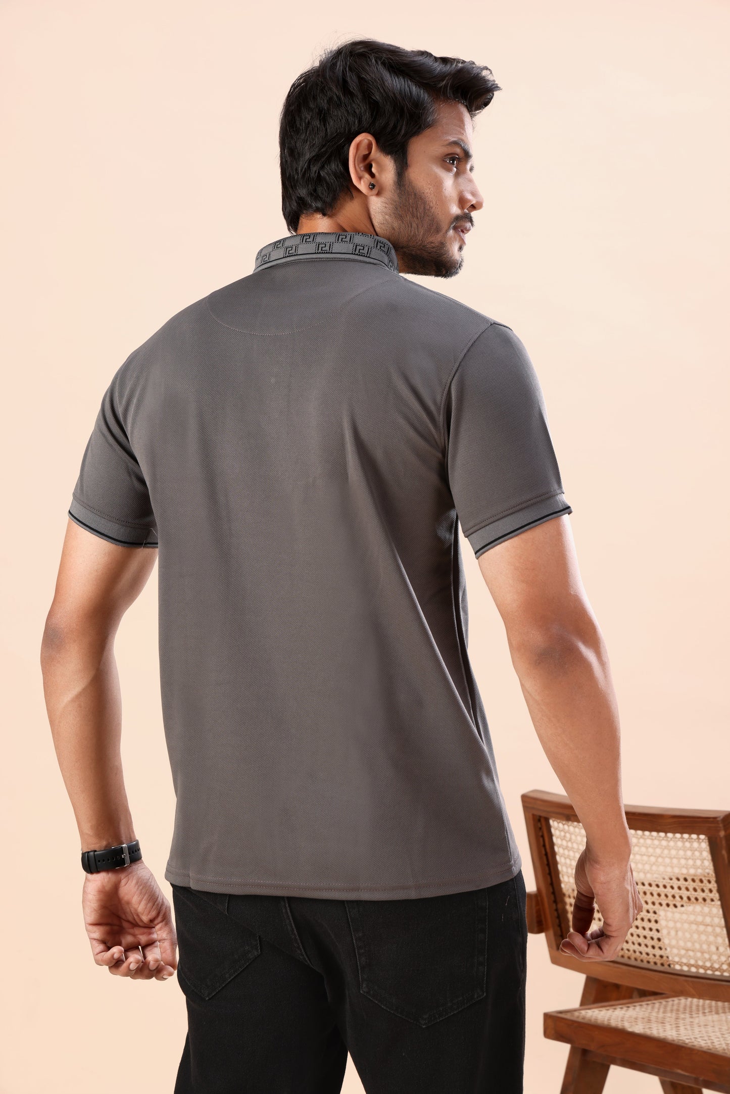 Evenway Men’s Premium Charcoal Grey Polo T-Shirt with Printed Collar & Regular Fit Design | Casual Half Sleeve Polo Tee for Men