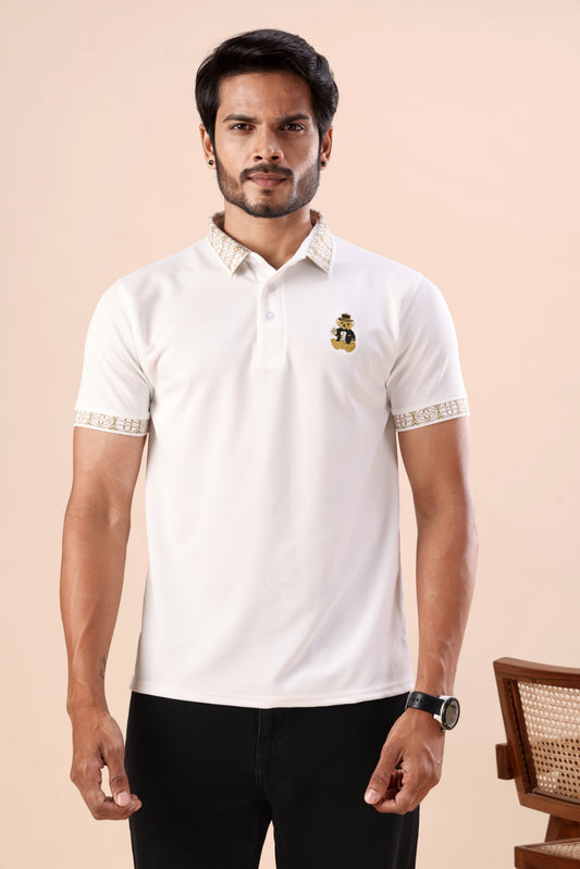Evenway Men’s Premium White Polo T-Shirt with Designer Printed Collar & Sleeve Cuff Detail | Regular Fit Half Sleeve Casual Polo Tee for Men | Soft Breathable Smart Casual Fashion Wear