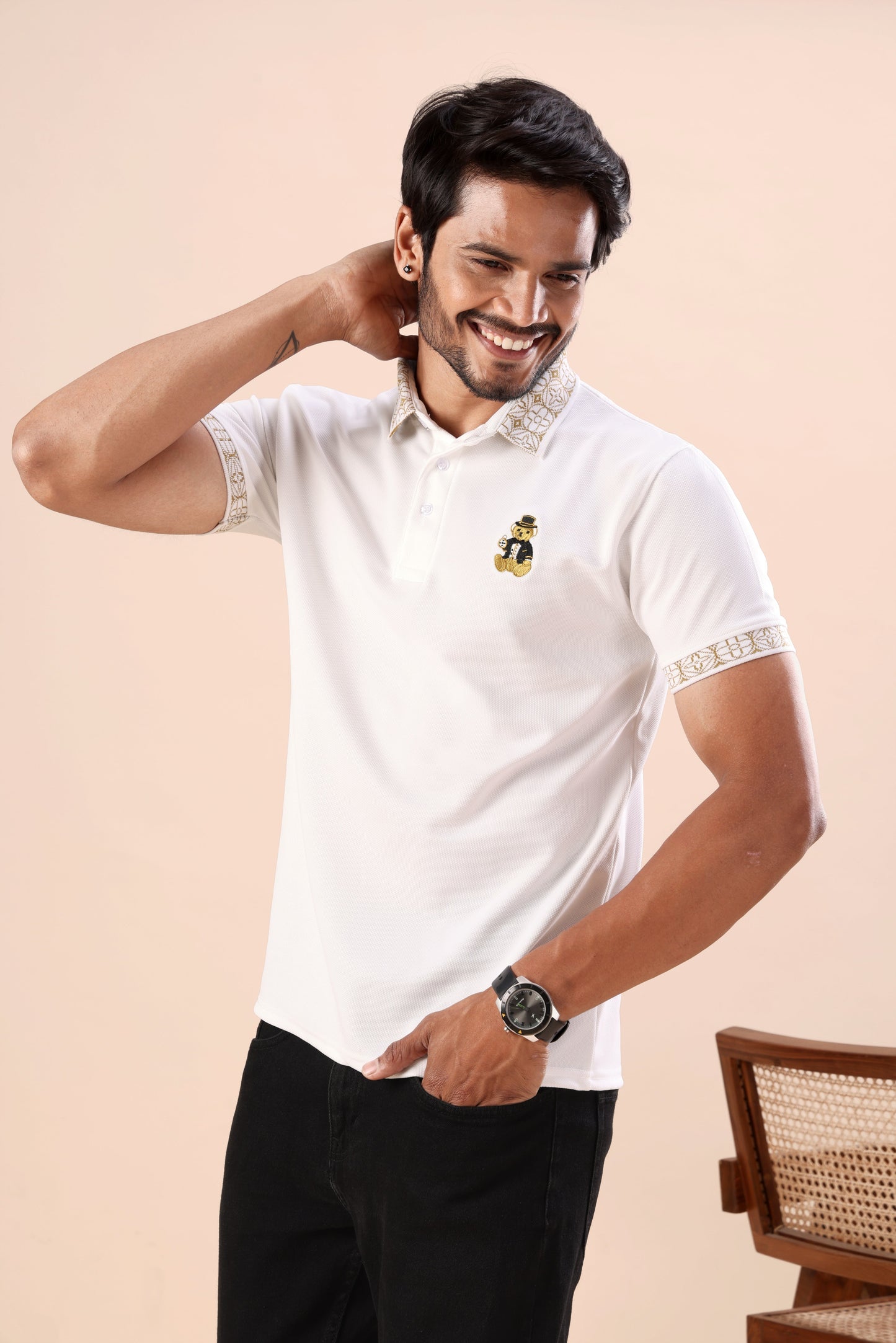 Evenway Men’s Premium White Polo T-Shirt with Designer Printed Collar & Sleeve Cuff Detail | Regular Fit Half Sleeve Casual Polo Tee for Men | Soft Breathable Smart Casual Fashion Wear