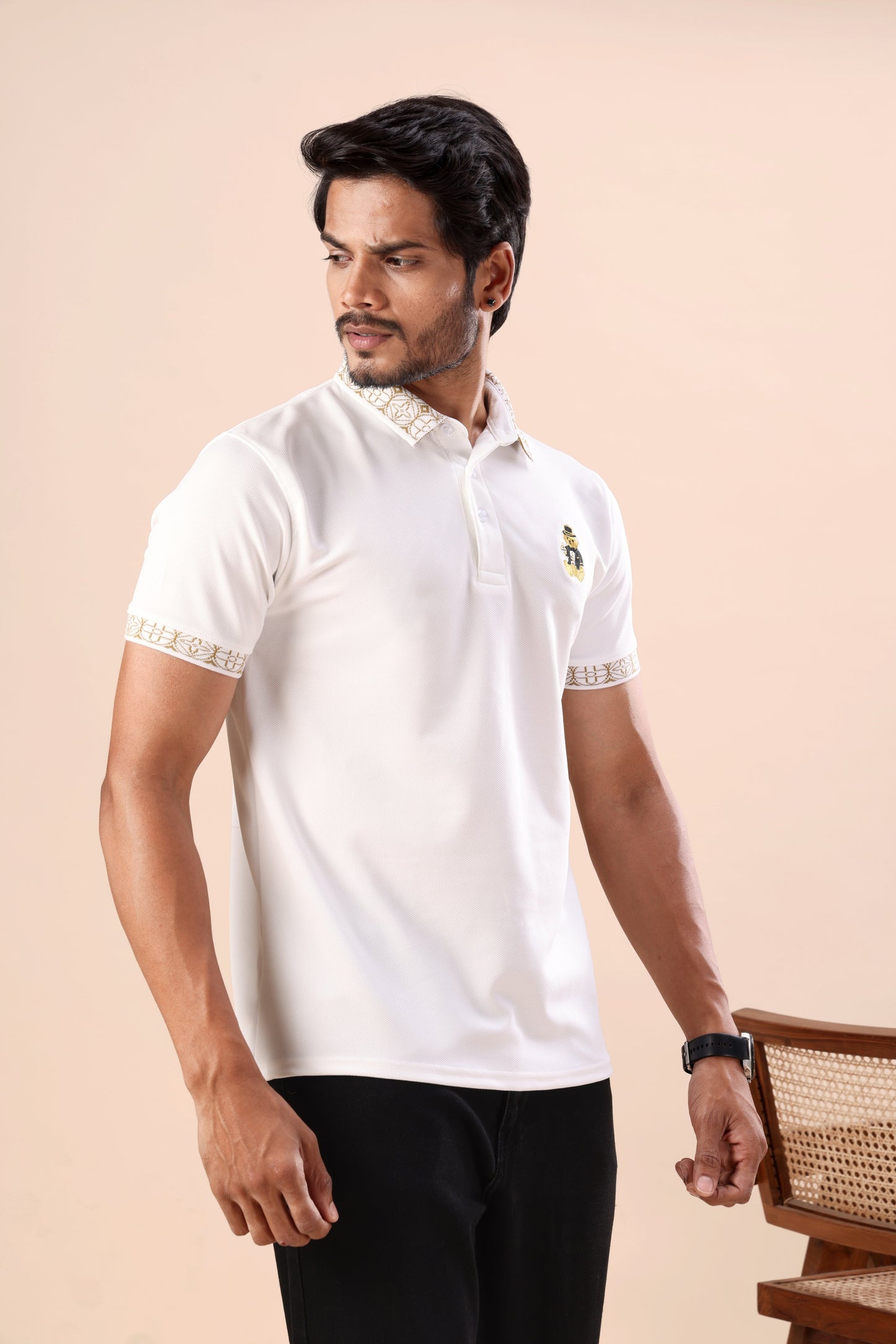 Evenway Men’s Premium White Polo T-Shirt with Designer Printed Collar & Sleeve Cuff Detail | Regular Fit Half Sleeve Casual Polo Tee for Men | Soft Breathable Smart Casual Fashion Wear