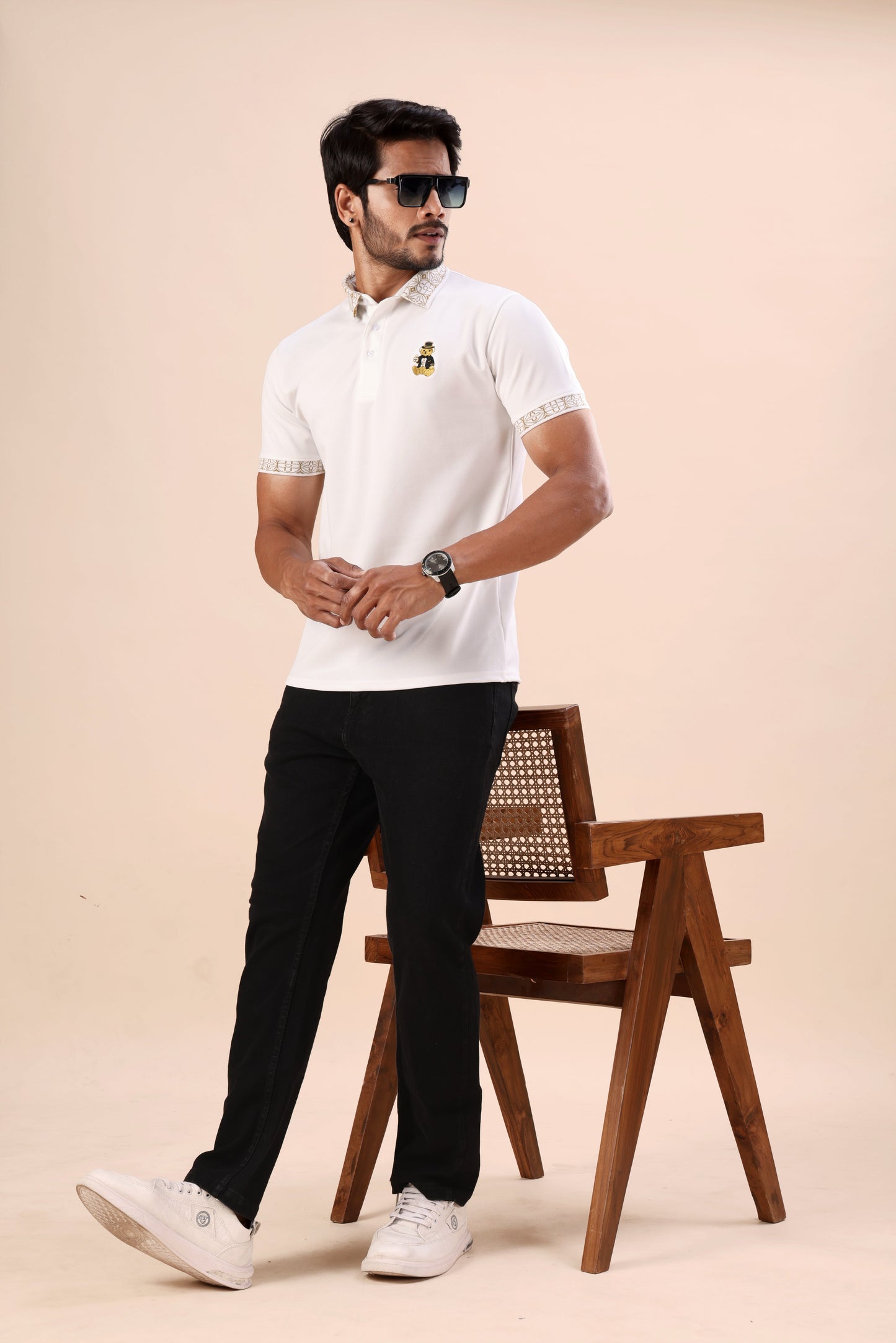 Evenway Men’s Premium White Polo T-Shirt with Designer Printed Collar & Sleeve Cuff Detail | Regular Fit Half Sleeve Casual Polo Tee for Men | Soft Breathable Smart Casual Fashion Wear