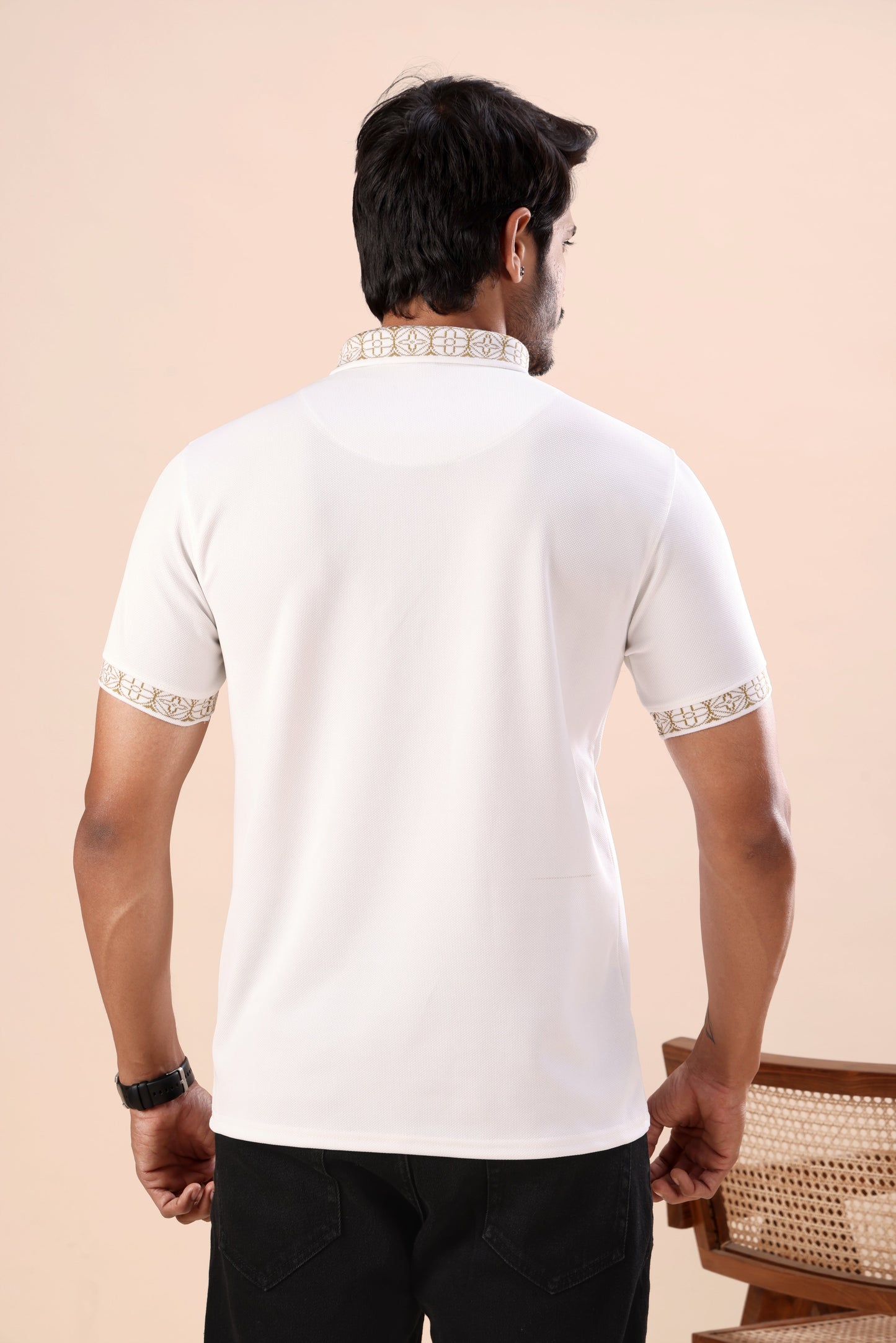 Evenway Men’s Premium White Polo T-Shirt with Designer Printed Collar & Sleeve Cuff Detail | Regular Fit Half Sleeve Casual Polo Tee for Men | Soft Breathable Smart Casual Fashion Wear