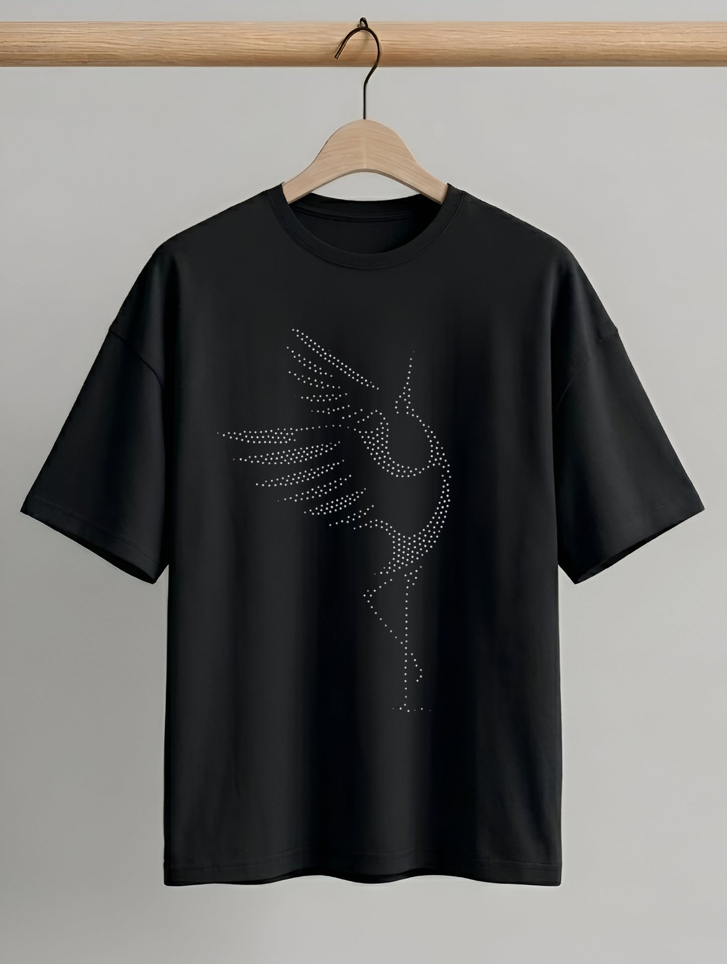 Evenway Crystal Crane Black Oversized Artwork Tee | Luxury Embellished Graphic T-Shirt