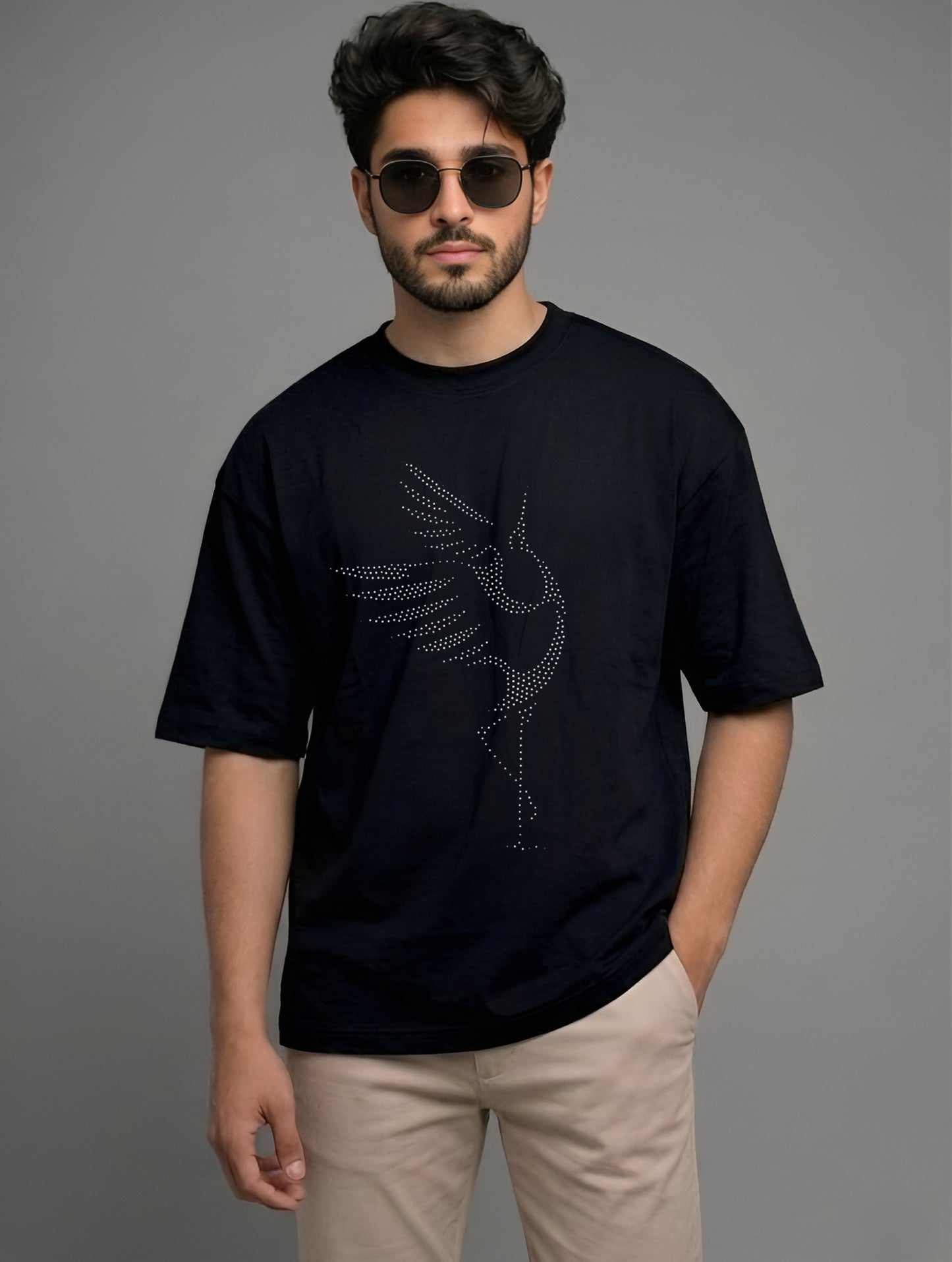 Evenway Crystal Crane Black Oversized Artwork Tee | Luxury Embellished Graphic T-Shirt