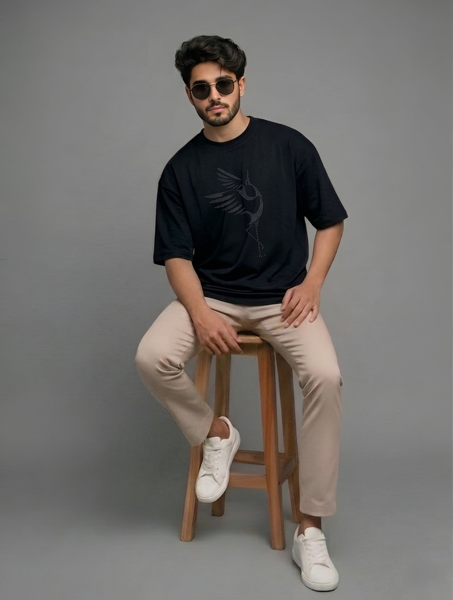 Evenway Crystal Crane Black Oversized Artwork Tee | Luxury Embellished Graphic T-Shirt