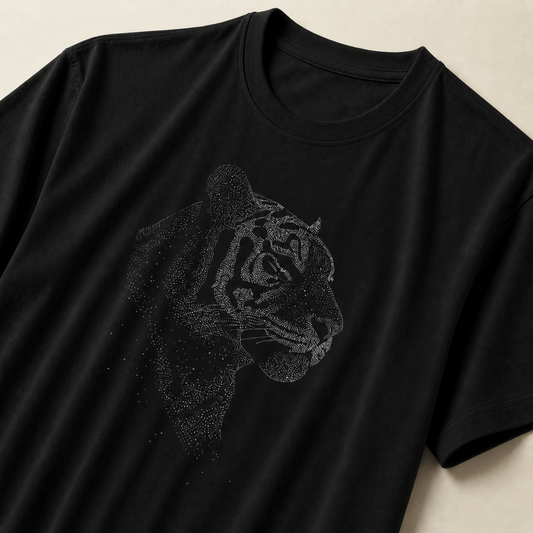 Evenway Shadow Tiger Graphic T-Shirt – Minimalist Dot Art Premium Black Cotton Tee