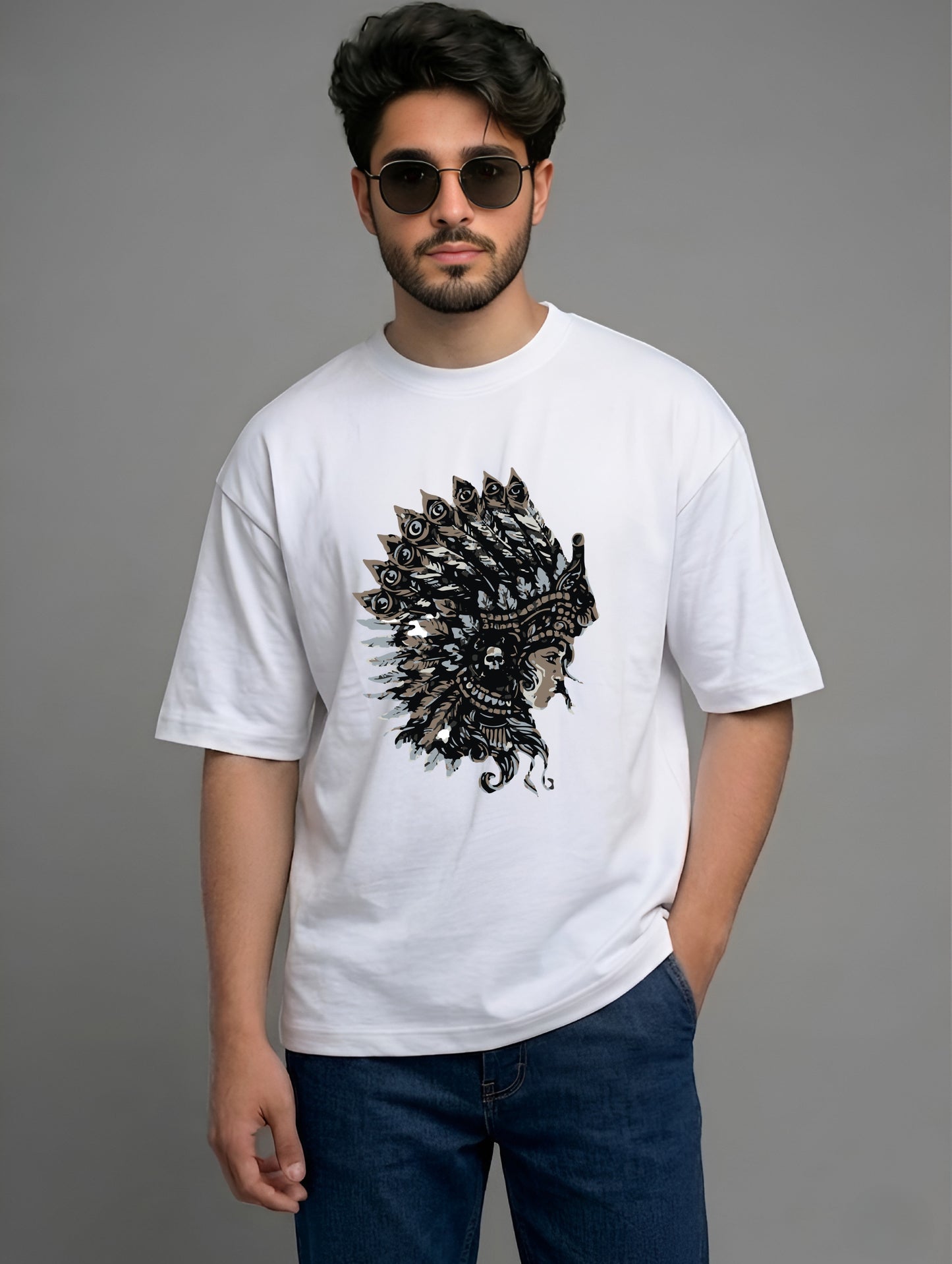 Evenway Tribal Feather Headdress Graphic T-Shirt – Artistic Native Inspired Print Tee