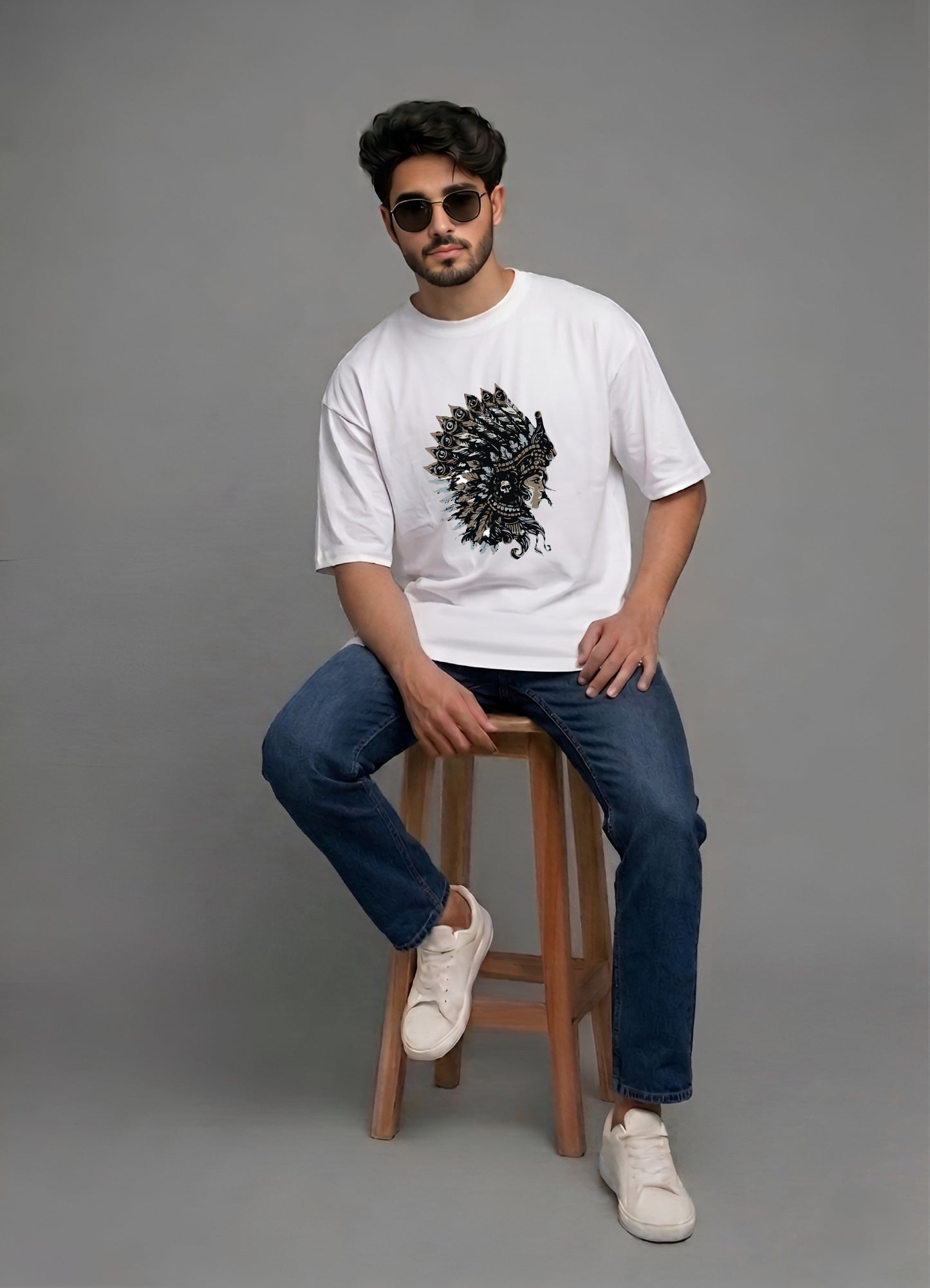 Evenway Tribal Feather Headdress Graphic T-Shirt – Artistic Native Inspired Print Tee
