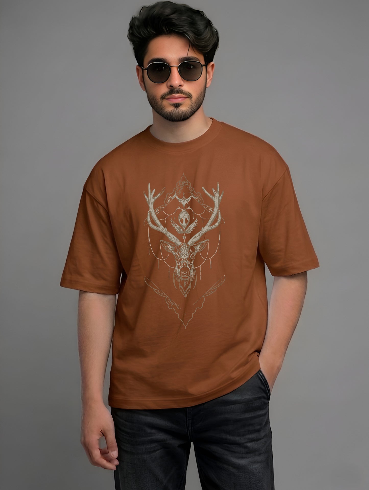 Evenway Mystic Stag Geometric T-Shirt | Premium Beige Oversized Streetwear
