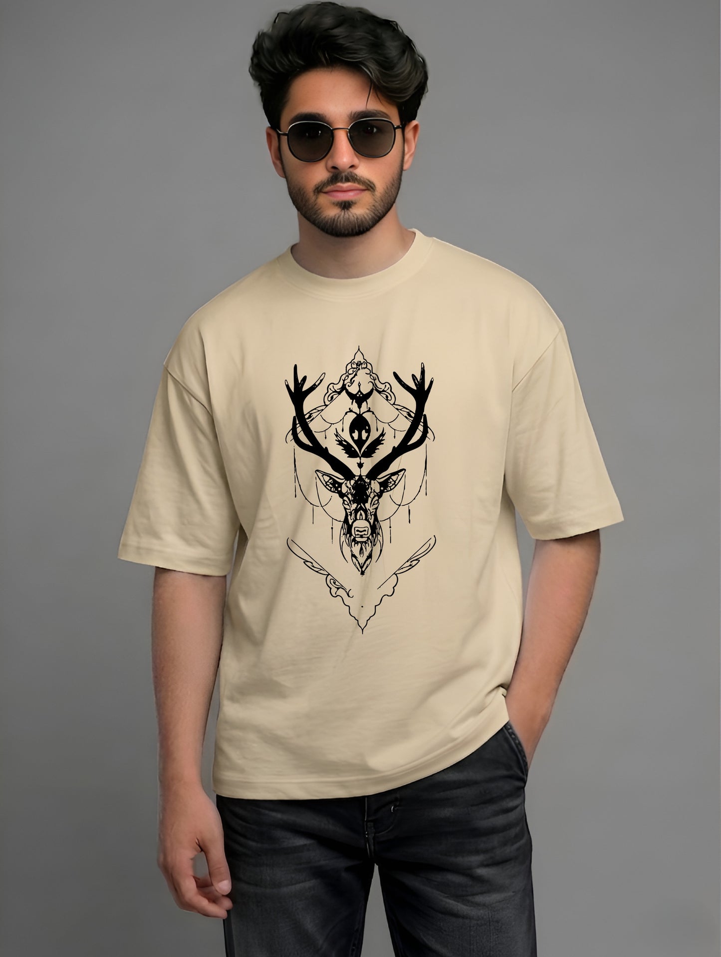 Evenway Oversized Deer Graphic T-Shirt | Minimal Streetwear Cotton Antler Design