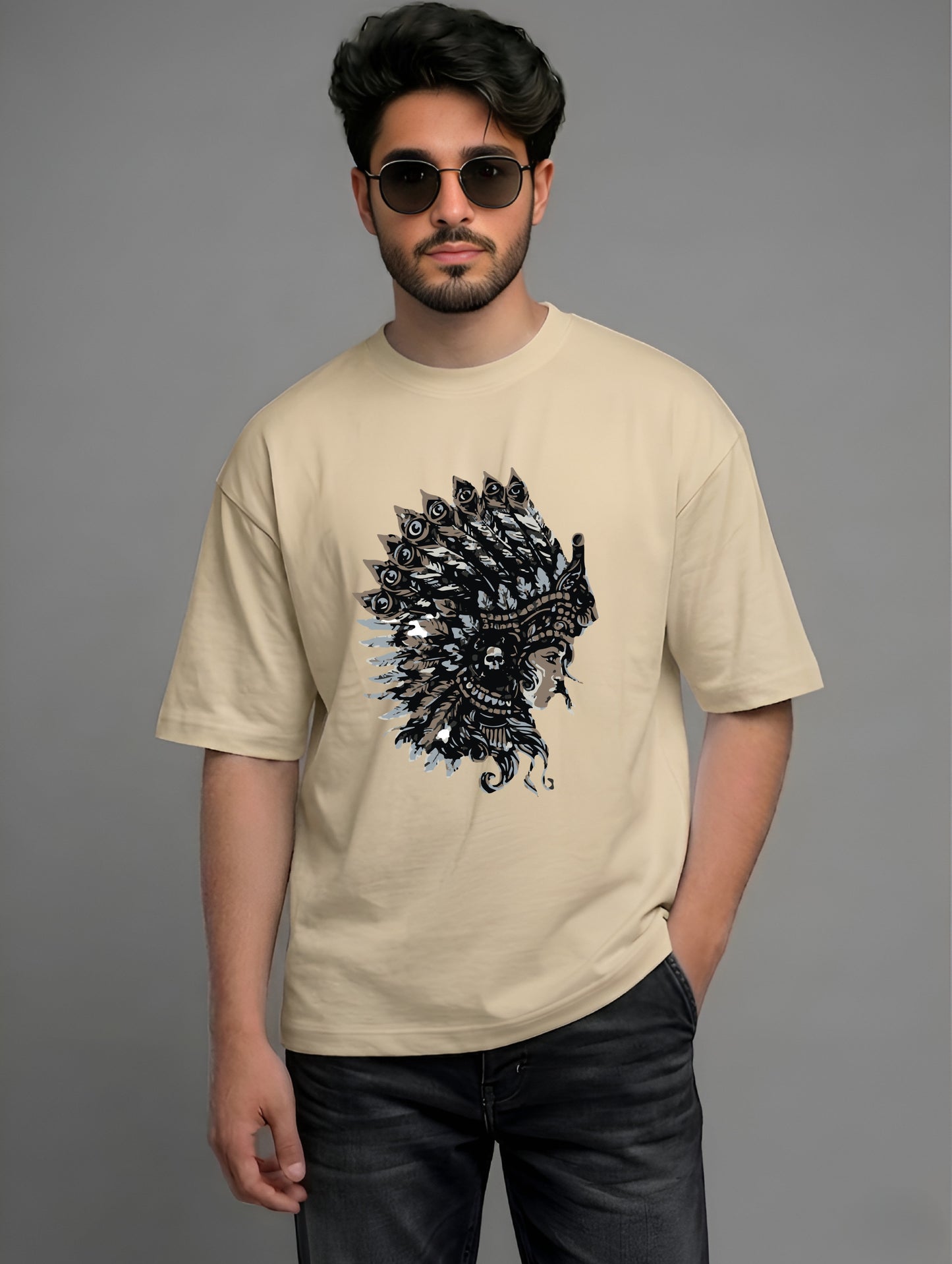 Evenway Tribal Feather Headdress Graphic T-Shirt – Artistic Native Inspired Print Tee