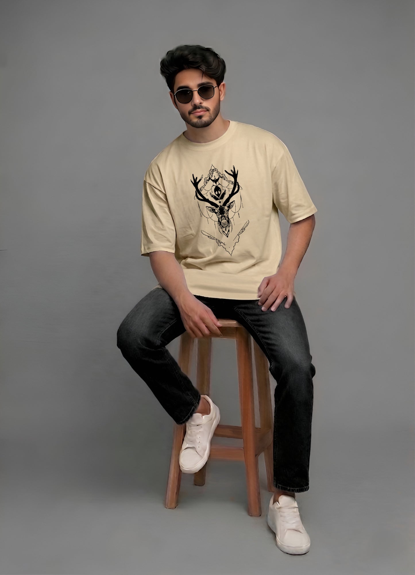 Evenway Oversized Deer Graphic T-Shirt | Minimal Streetwear Cotton Antler Design