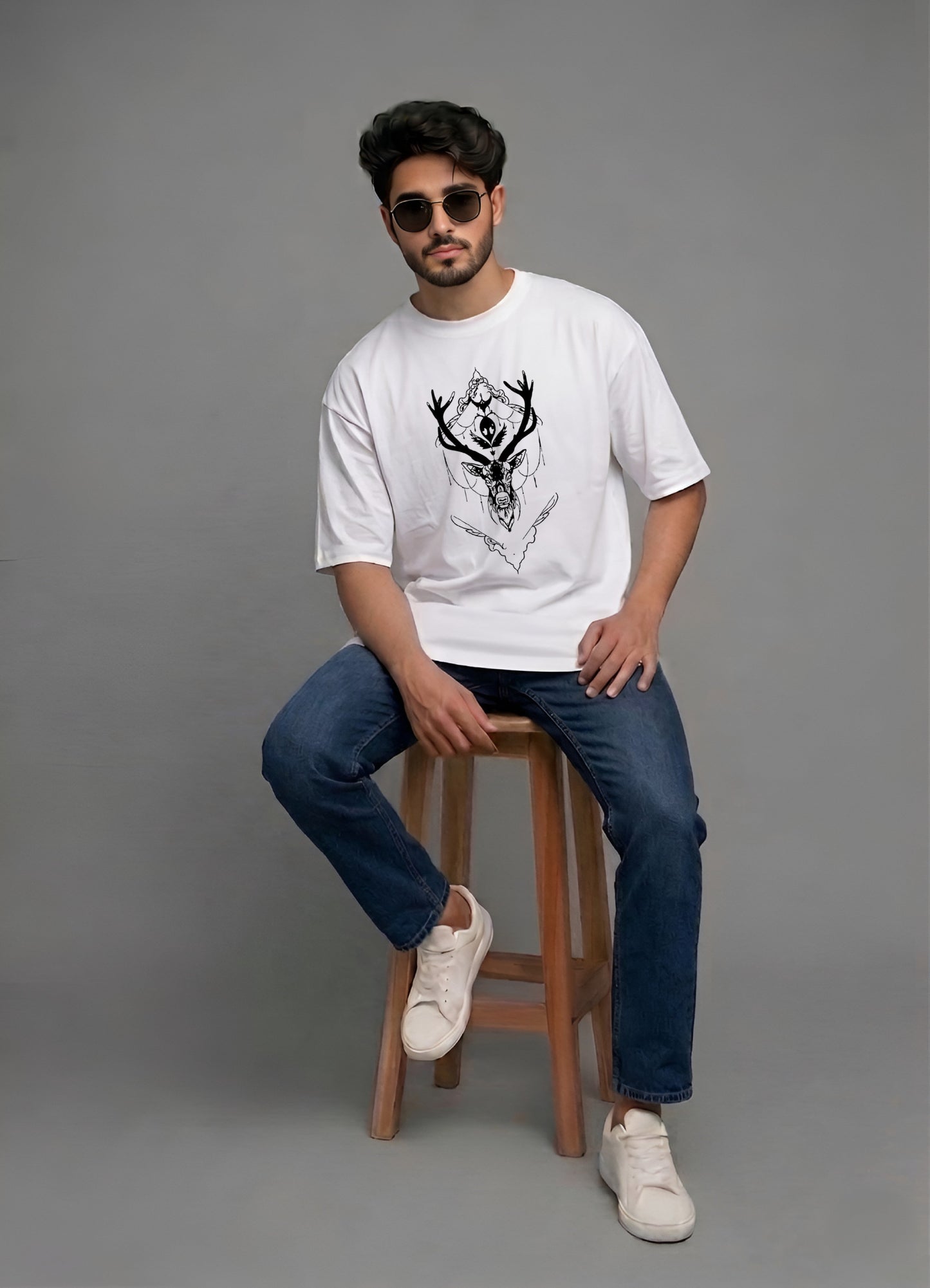 Evenway Oversized Deer Graphic T-Shirt | Minimal Streetwear Cotton Antler Design